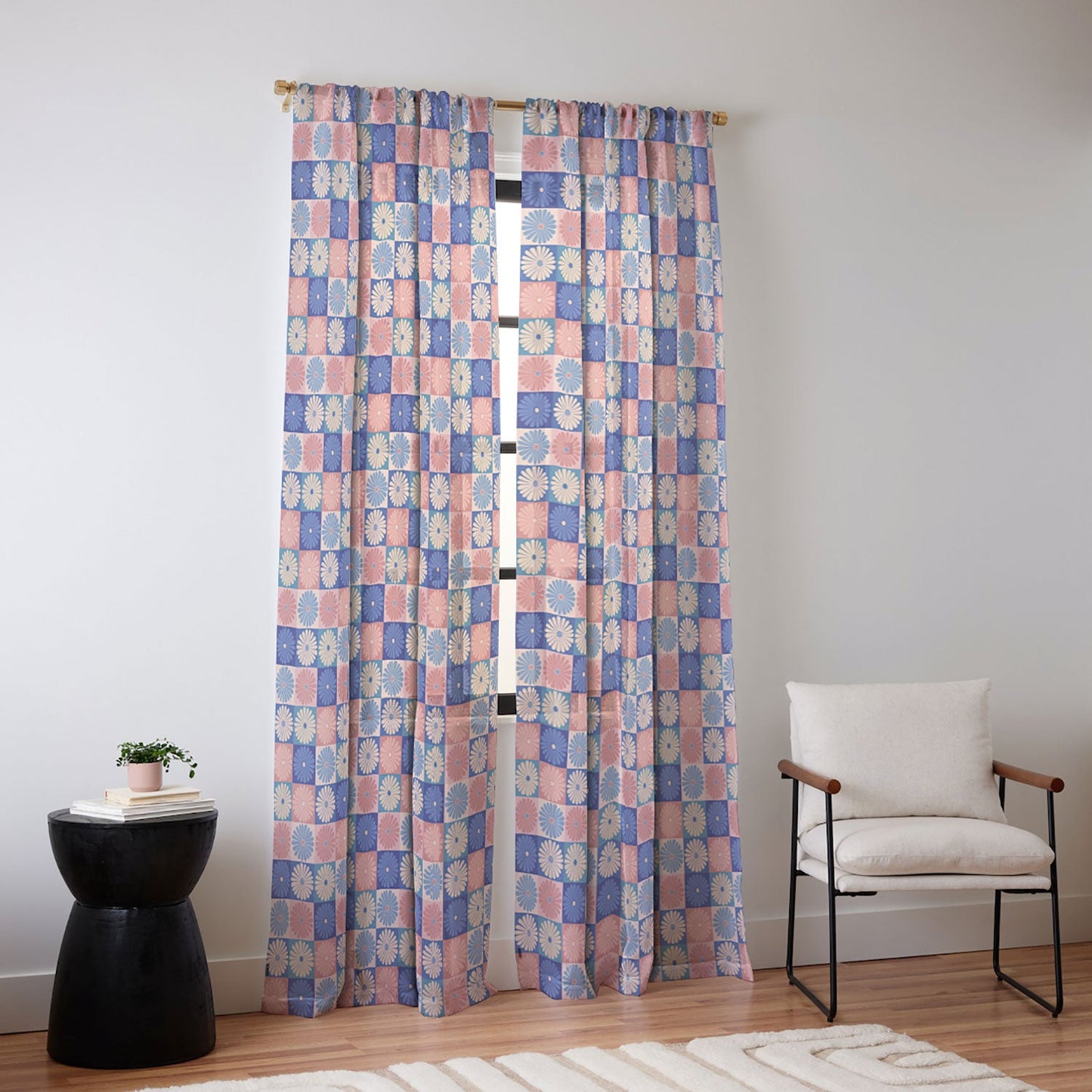 Colour Poems Checker Daisies II Blue Pink Sheer Window Curtain
