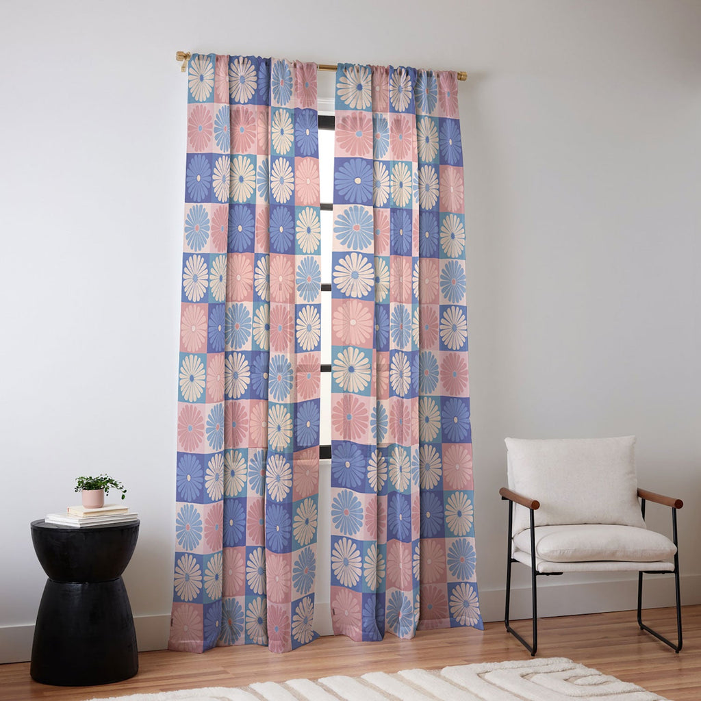 Colour Poems Checker Daisies II Blue Pink Sheer Non Repeat