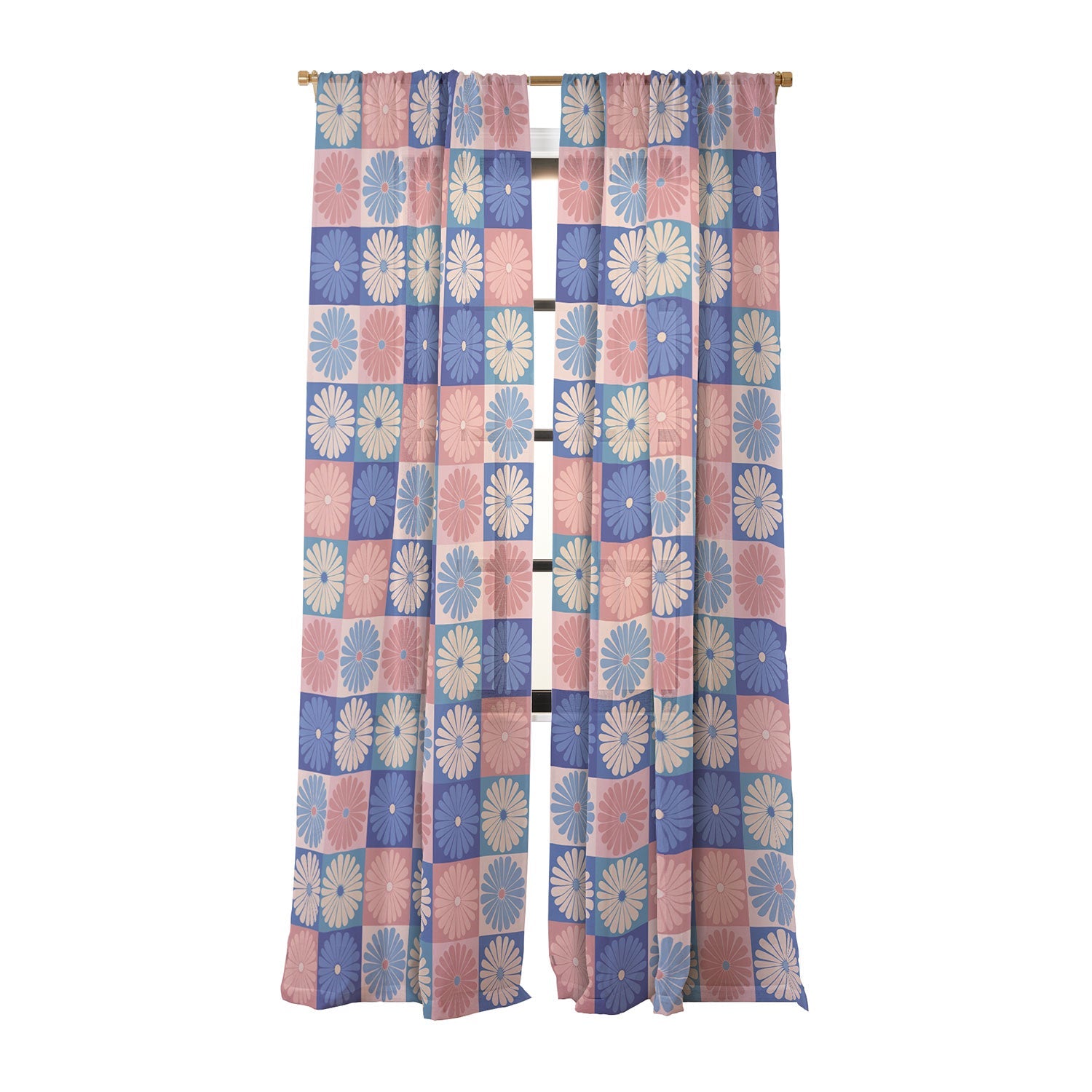 Colour Poems Checker Daisies II Blue Pink Sheer Non Repeat