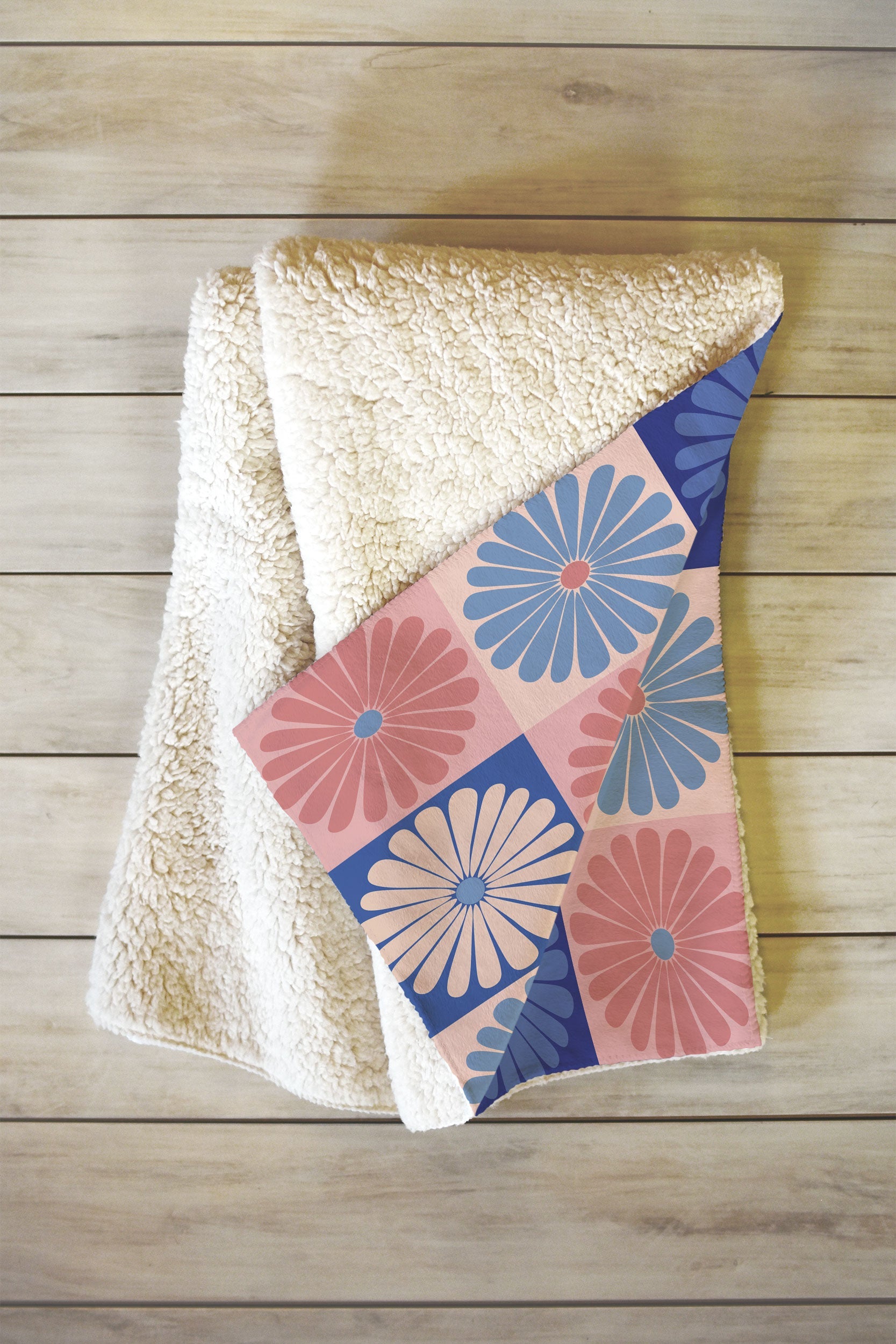 Colour Poems Checker Daisies II Blue Pink Fleece Throw Blanket