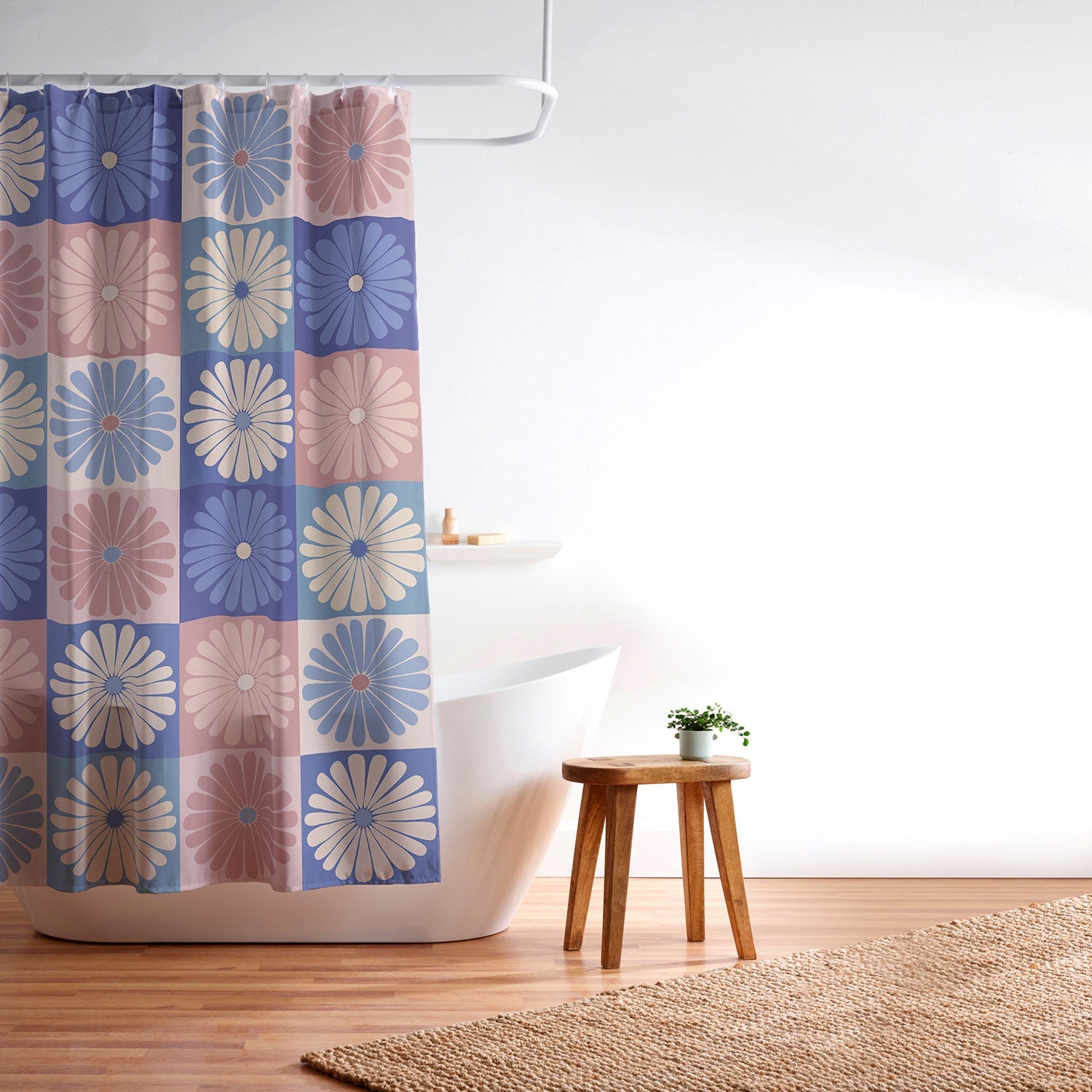 Colour Poems Checker Daisies II Blue Pink Shower Curtain