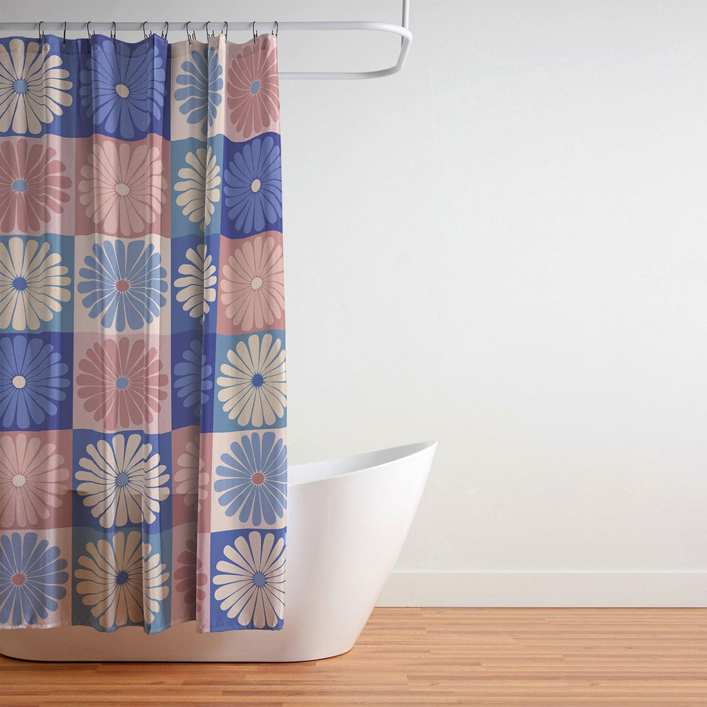Colour Poems Checker Daisies II Blue Pink Shower Curtain