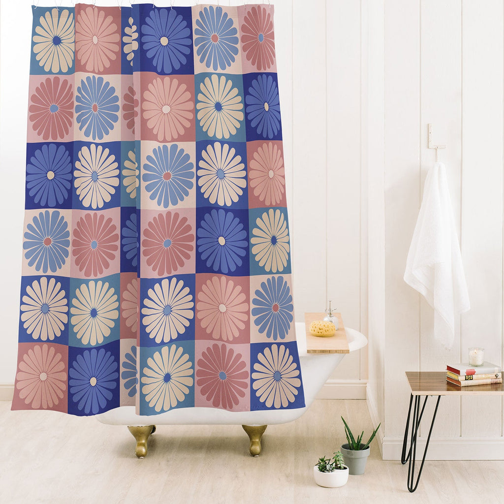Colour Poems Checker Daisies II Blue Pink Shower Curtain