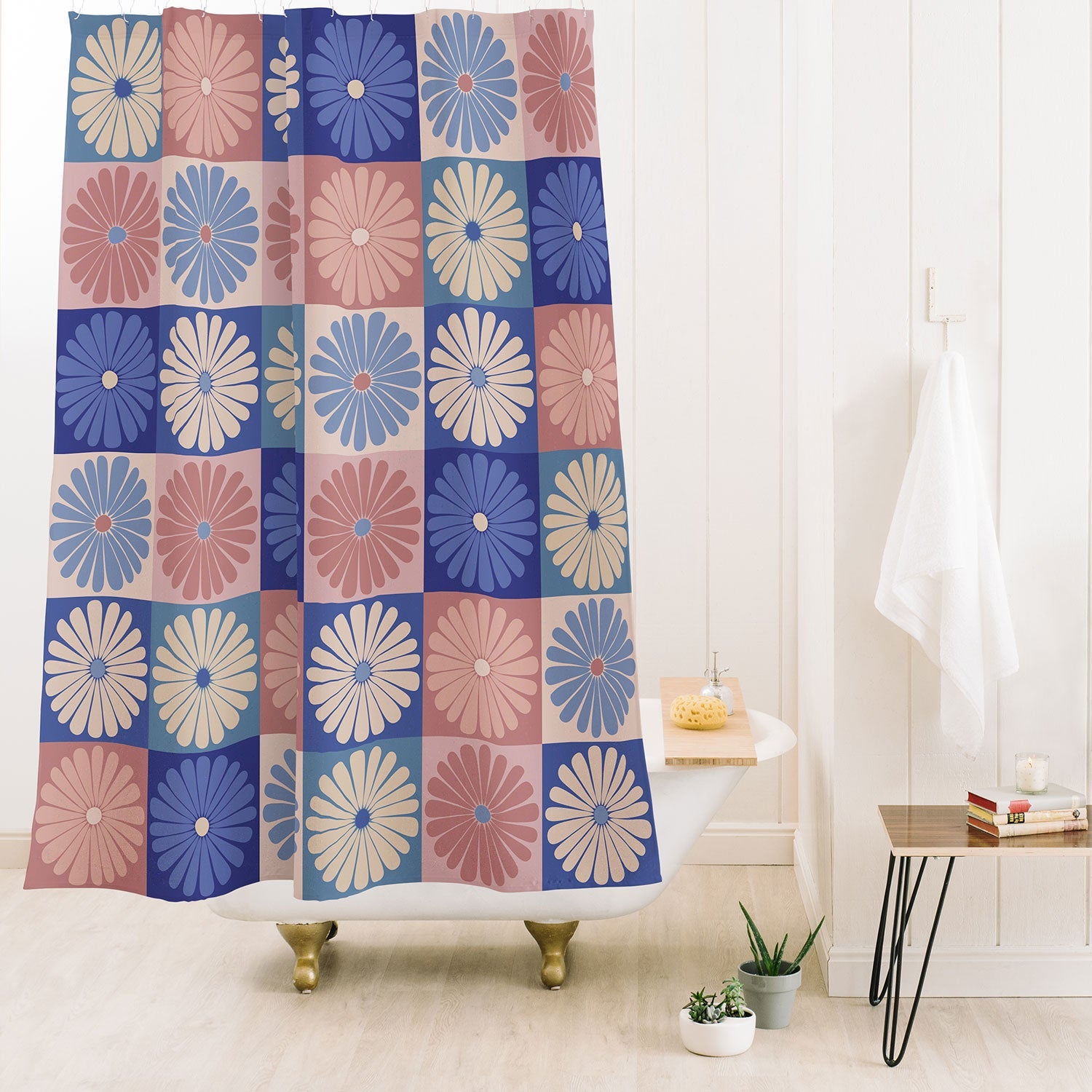 Colour Poems Checker Daisies II Blue Pink Shower Curtain