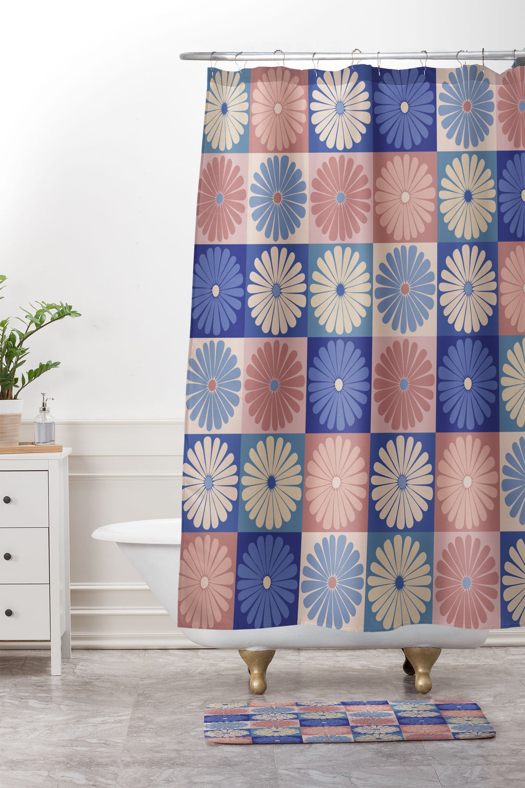 Colour Poems Checker Daisies II Blue Pink Memory Foam Bath Mat