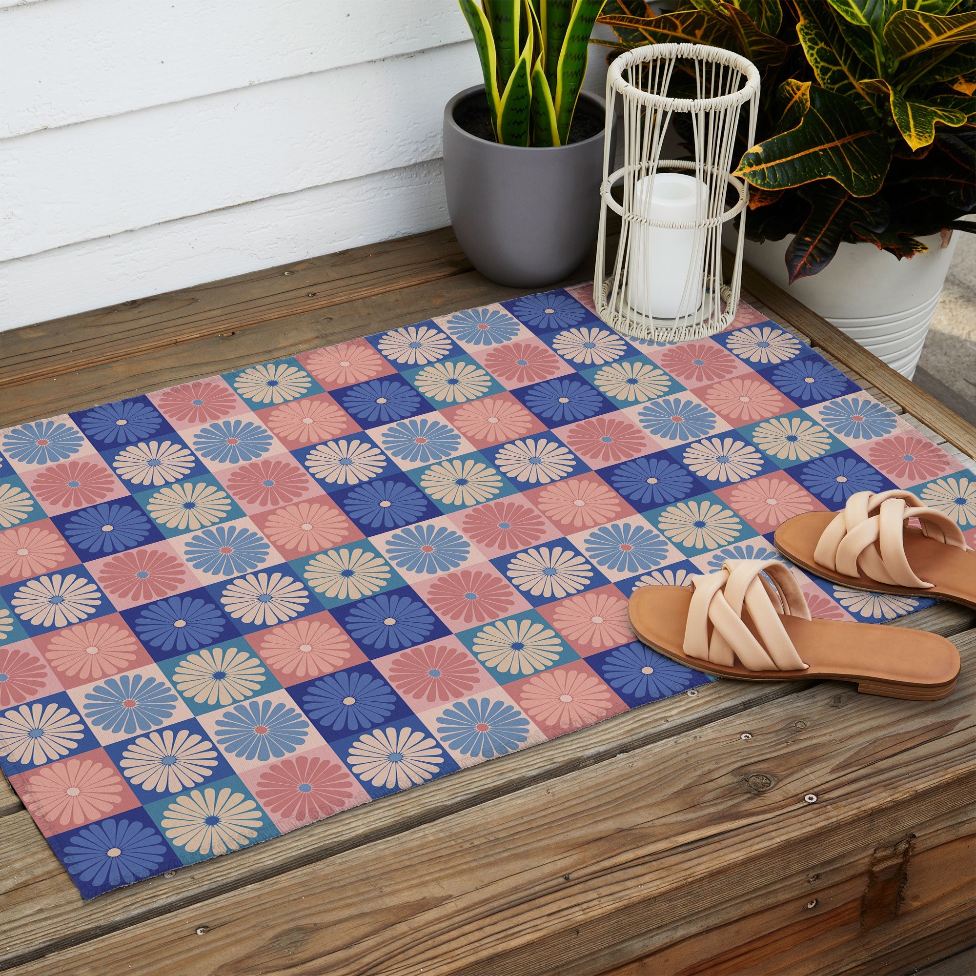 Colour Poems Checker Daisies II Blue Pink Outdoor Rug