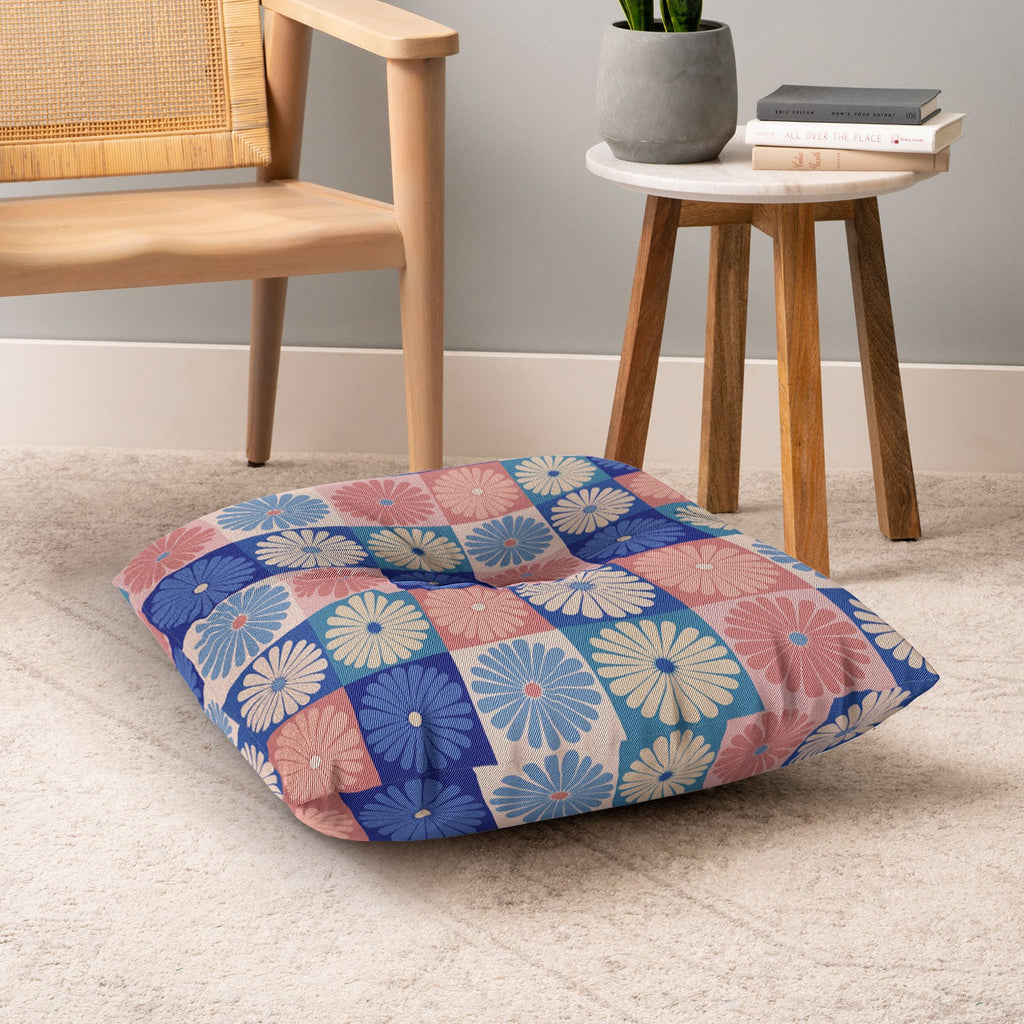 Colour Poems Checker Daisies II Blue Pink Floor Pillow Square