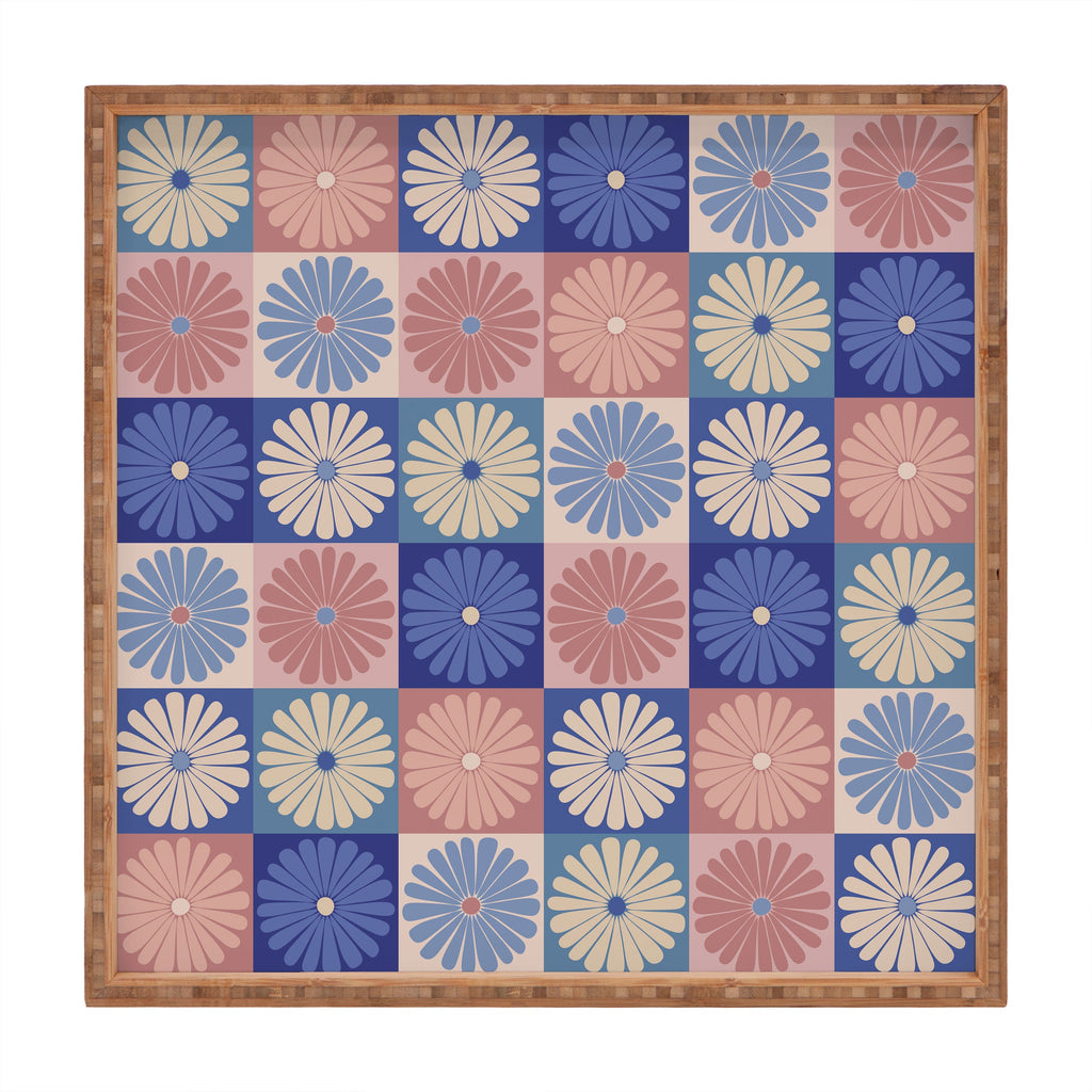 Colour Poems Checker Daisies II Blue Pink Square Tray