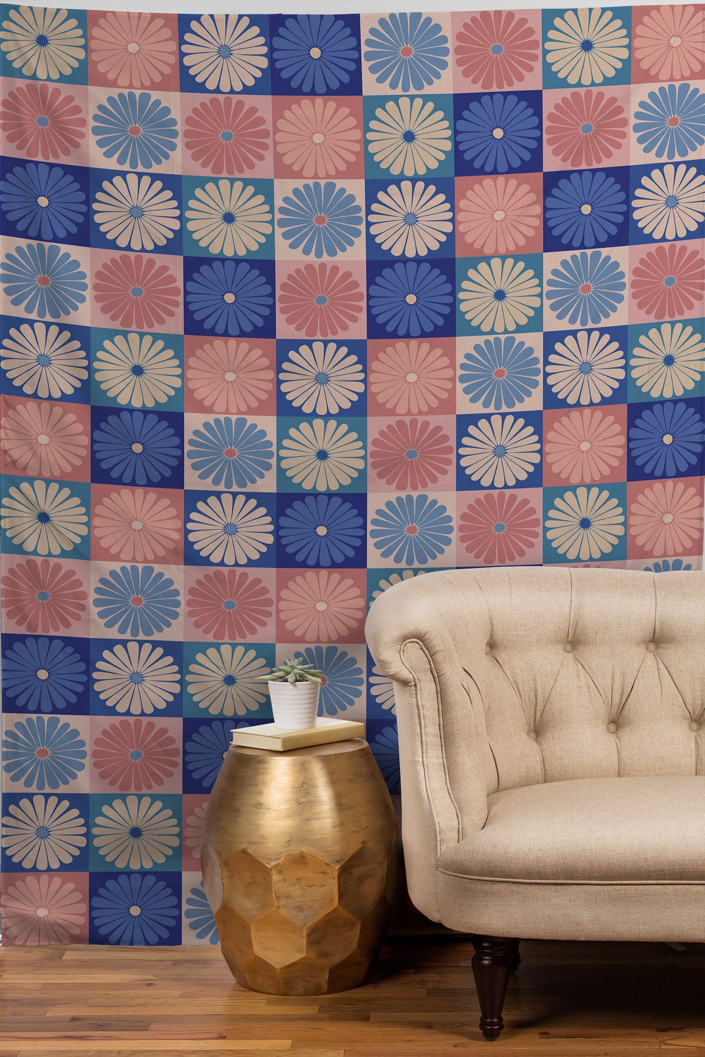 Colour Poems Checker Daisies II Blue Pink Tapestry