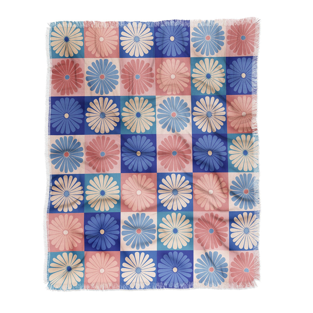 Colour Poems Checker Daisies II Blue Pink Throw Blanket