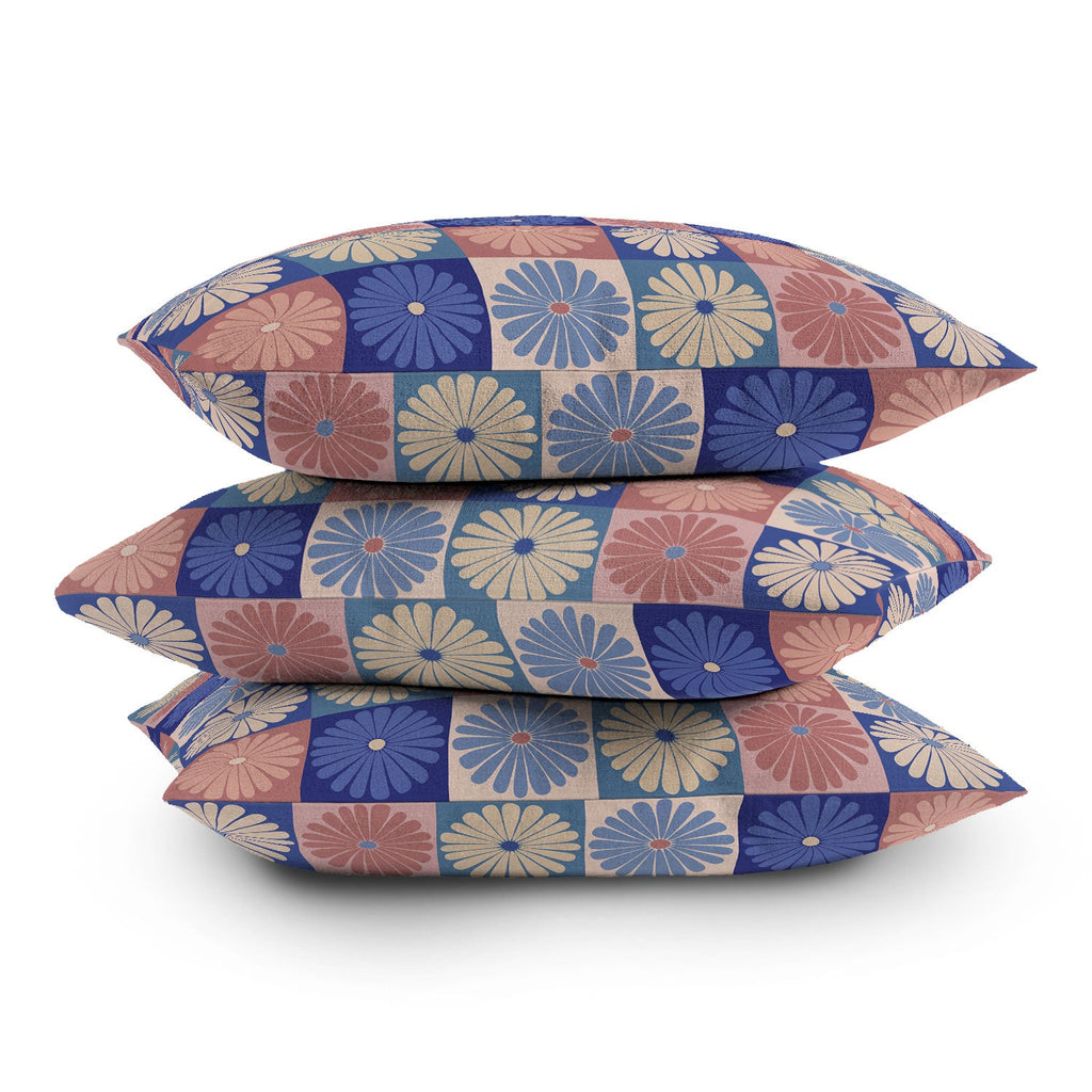 Colour Poems Checker Daisies II Blue Pink Outdoor Throw Pillow