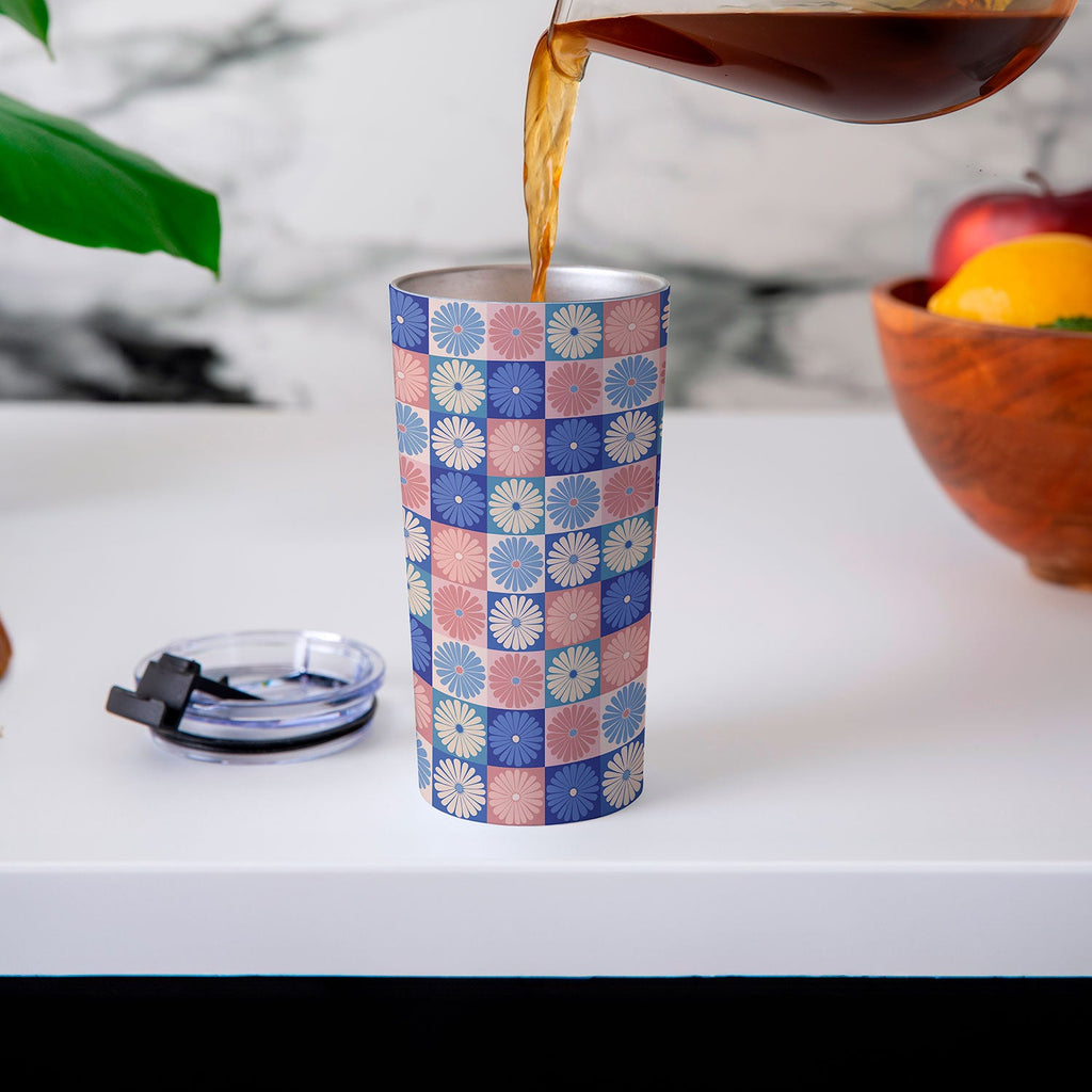 Colour Poems Checker Daisies II Blue Pink Travel Mug