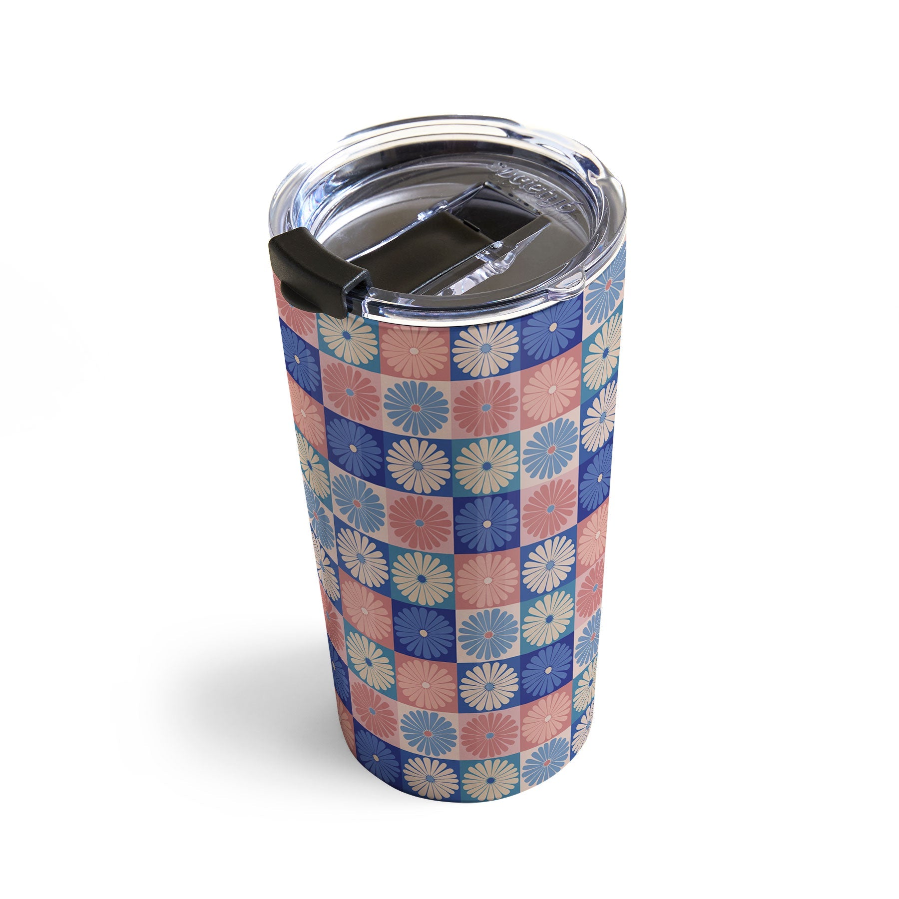 Colour Poems Checker Daisies II Blue Pink Travel Mug