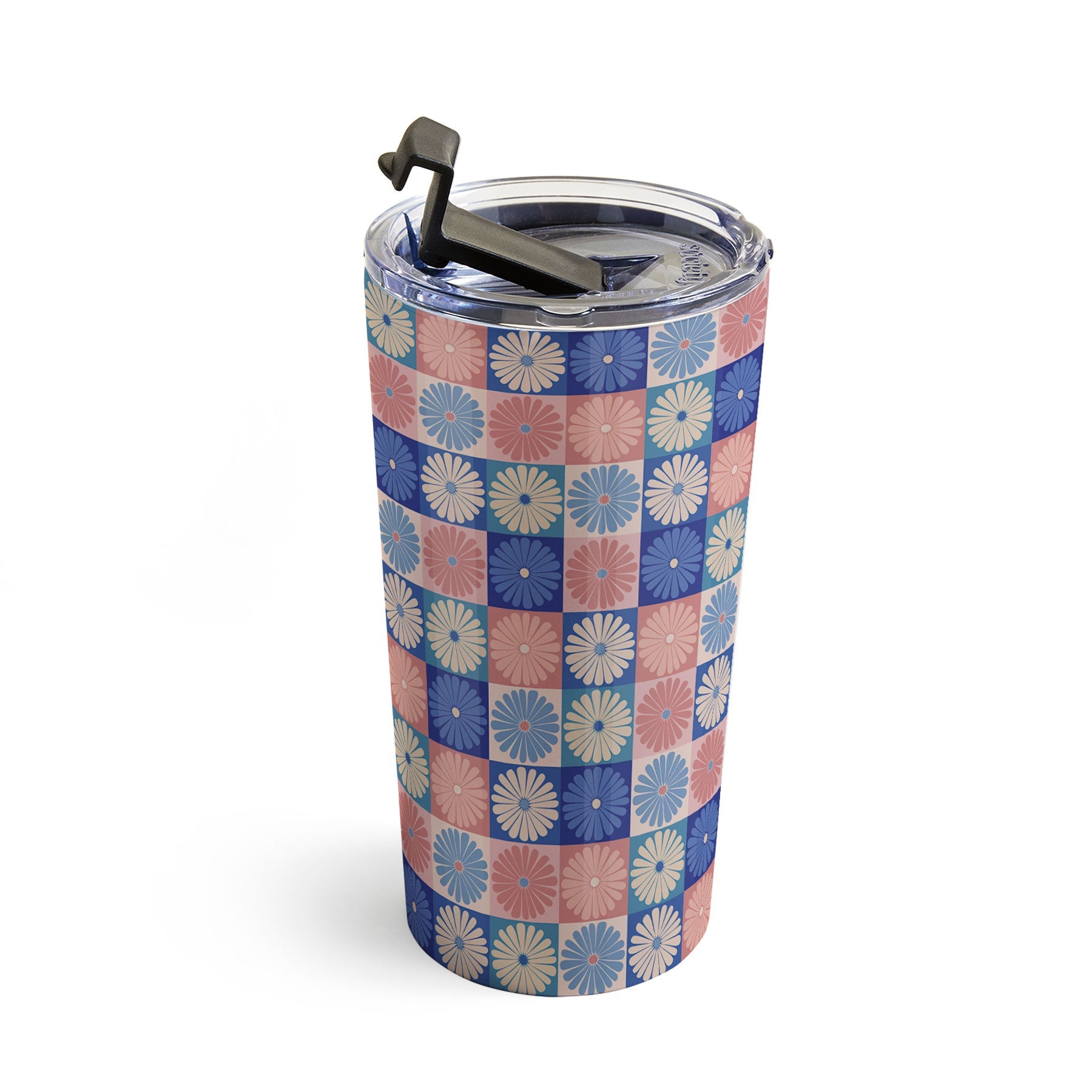 Colour Poems Checker Daisies II Blue Pink Travel Mug