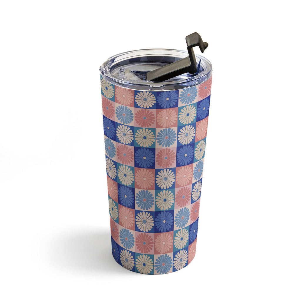 Colour Poems Checker Daisies II Blue Pink Travel Mug