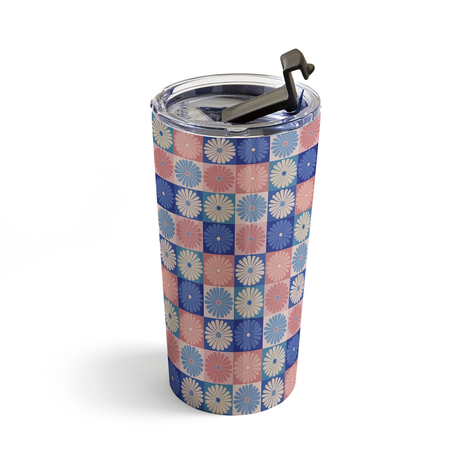 Colour Poems Checker Daisies II Blue Pink Travel Mug