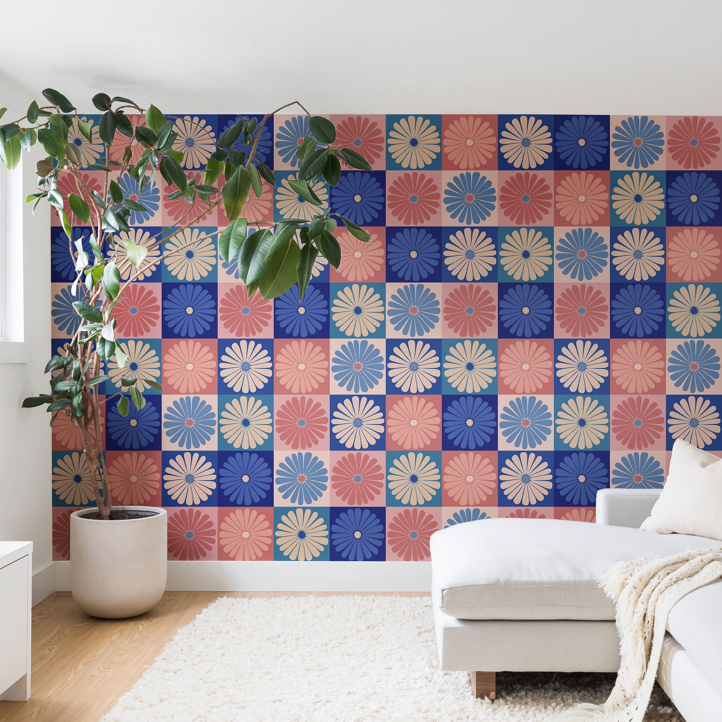 Colour Poems Checker Daisies II Blue Pink Wall Mural