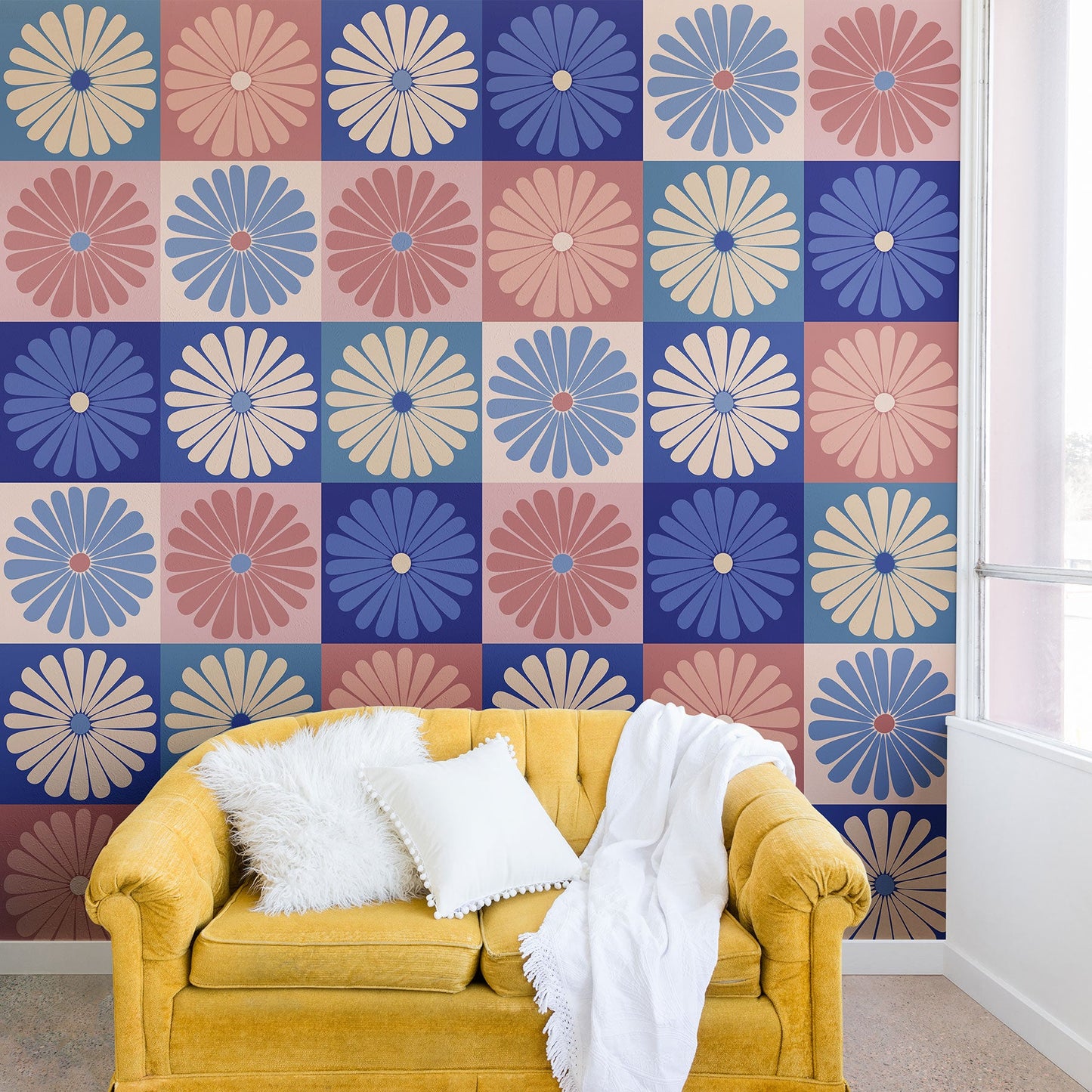 Colour Poems Checker Daisies II Blue Pink Wall Mural