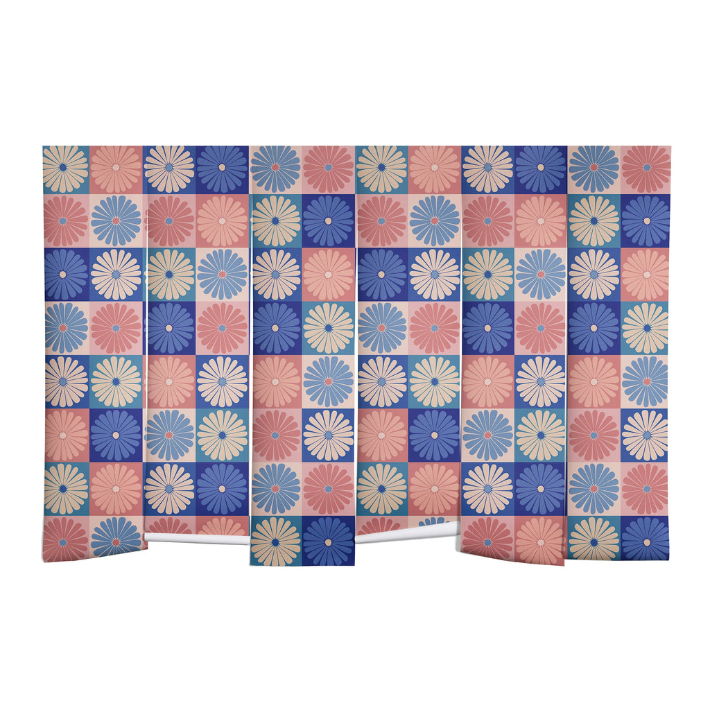 Colour Poems Checker Daisies II Blue Pink Wall Mural