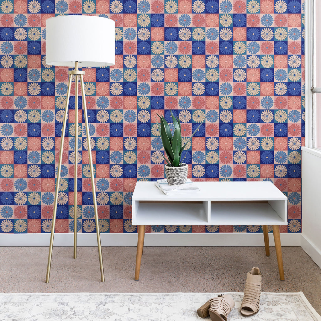 Colour Poems Checker Daisies II Blue Pink Wallpaper
