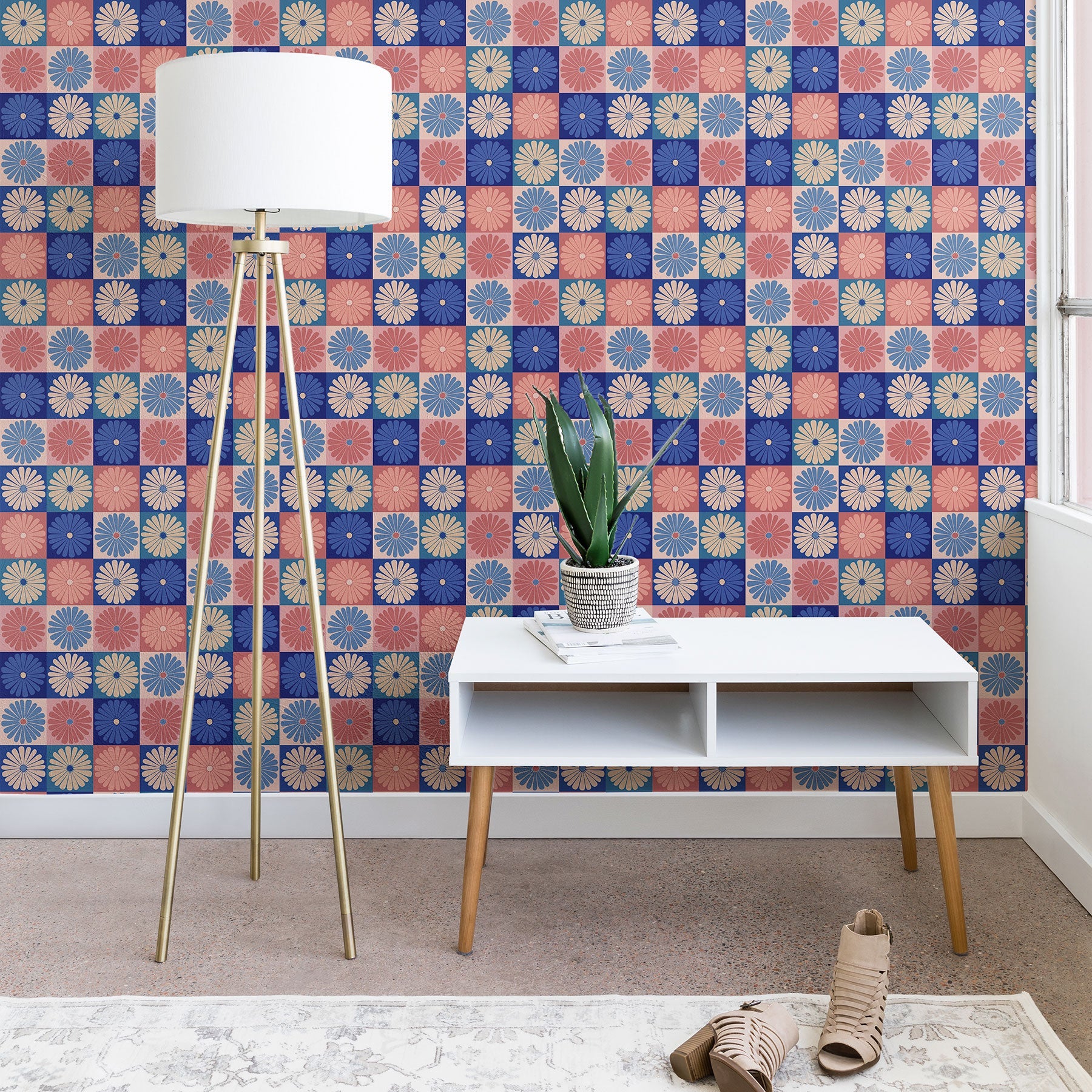 Colour Poems Checker Daisies II Blue Pink Wallpaper