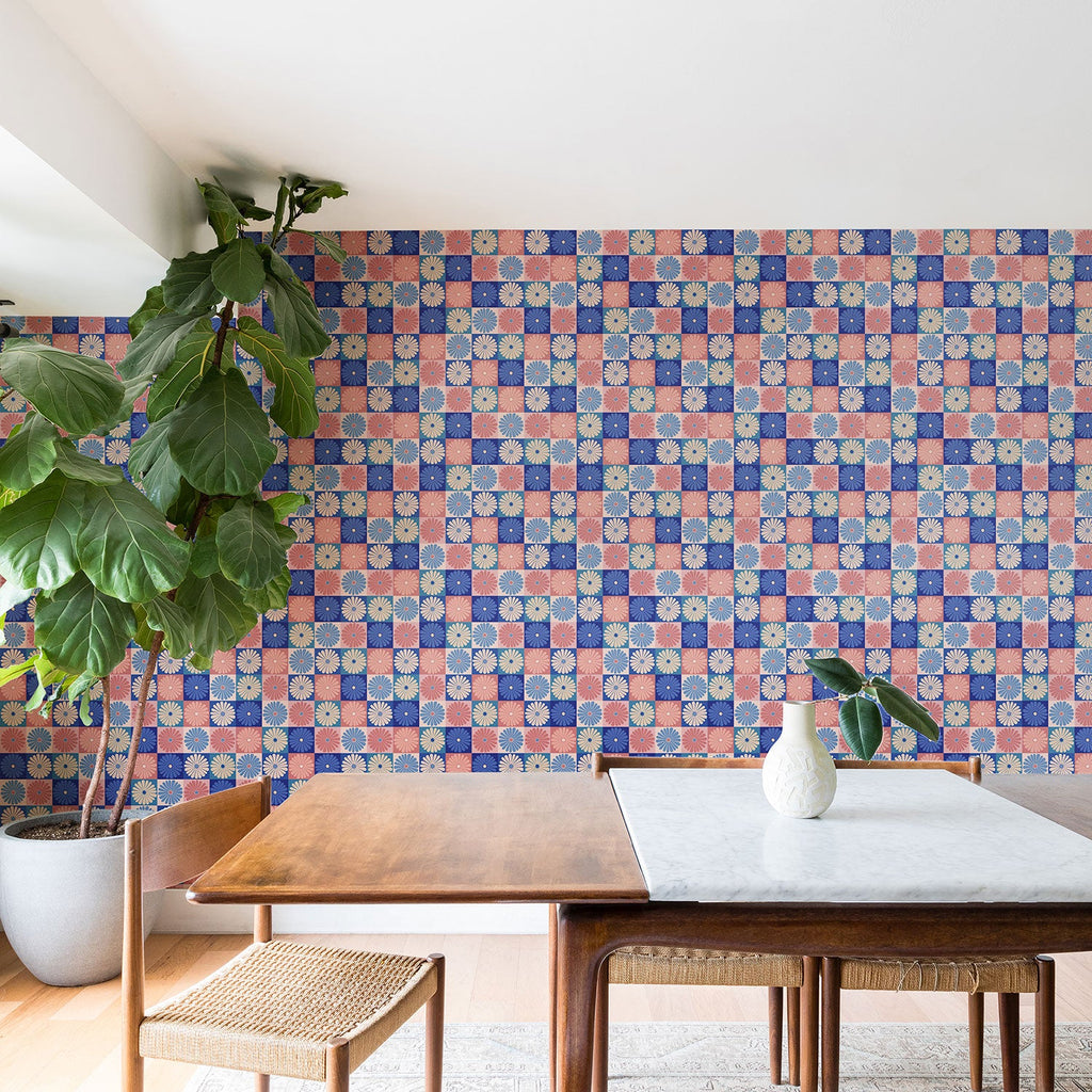 Colour Poems Checker Daisies II Blue Pink Wallpaper