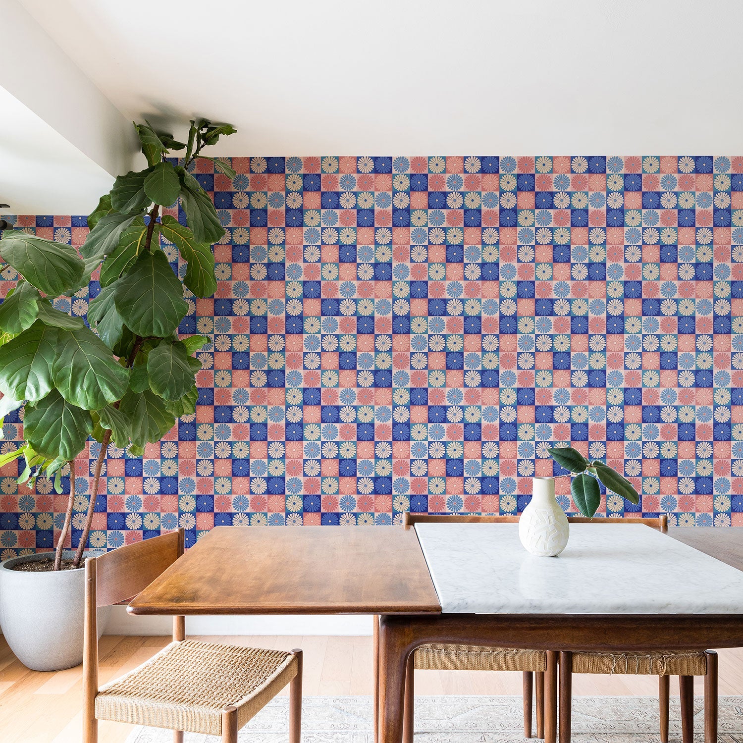 Colour Poems Checker Daisies II Blue Pink Wallpaper