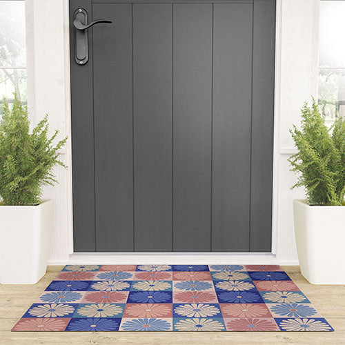 Colour Poems Checker Daisies II Blue Pink Welcome Mat