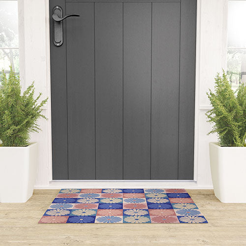 Colour Poems Checker Daisies II Blue Pink Welcome Mat