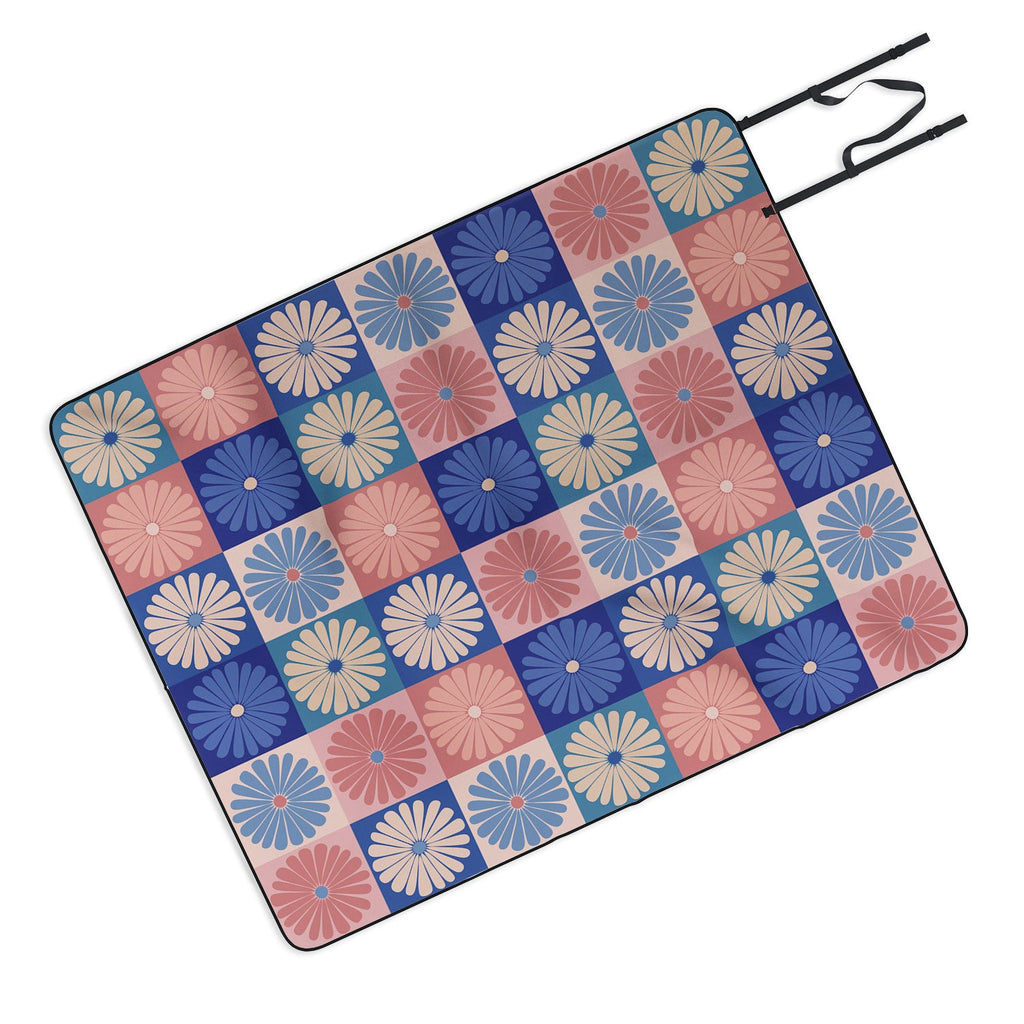 Colour Poems Checker Daisies II Blue Pink Picnic Blanket