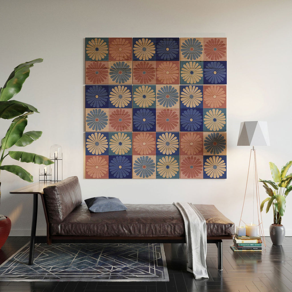 Colour Poems Checker Daisies II Blue Pink Wood Wall Mural