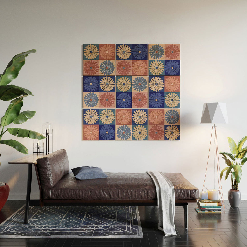 Colour Poems Checker Daisies II Blue Pink Wood Wall Mural