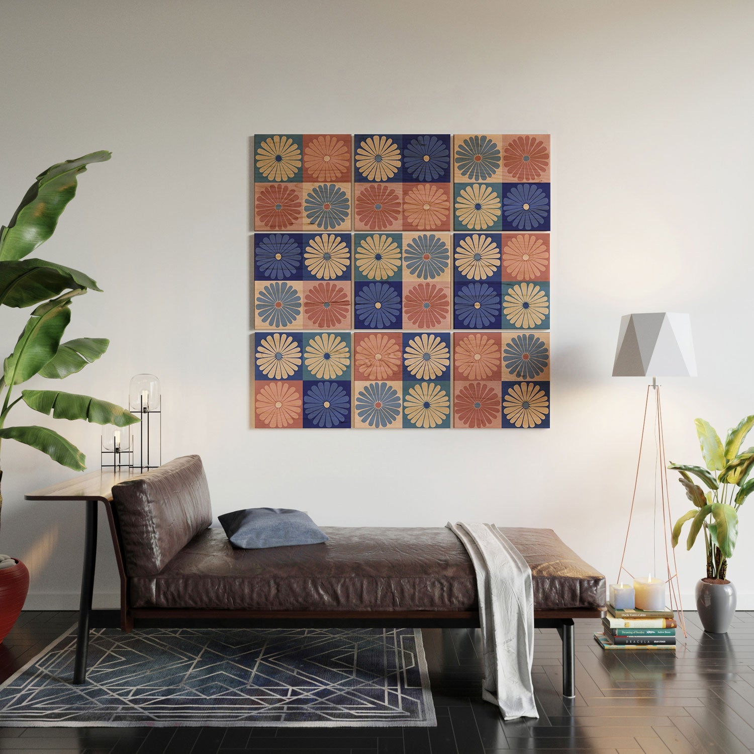 Colour Poems Checker Daisies II Blue Pink Wood Wall Mural