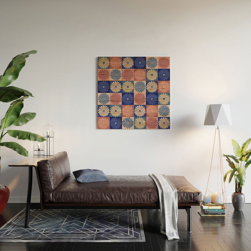 Colour Poems Checker Daisies II Blue Pink Wood Wall Mural