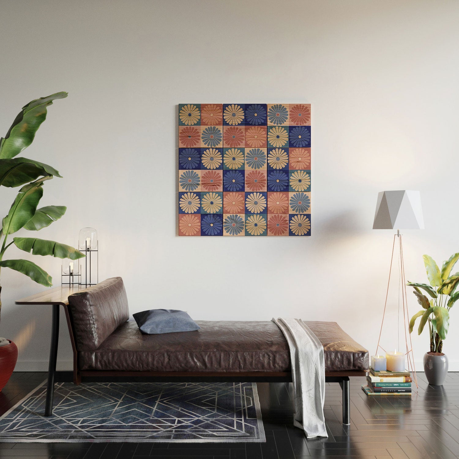 Colour Poems Checker Daisies II Blue Pink Wood Wall Mural