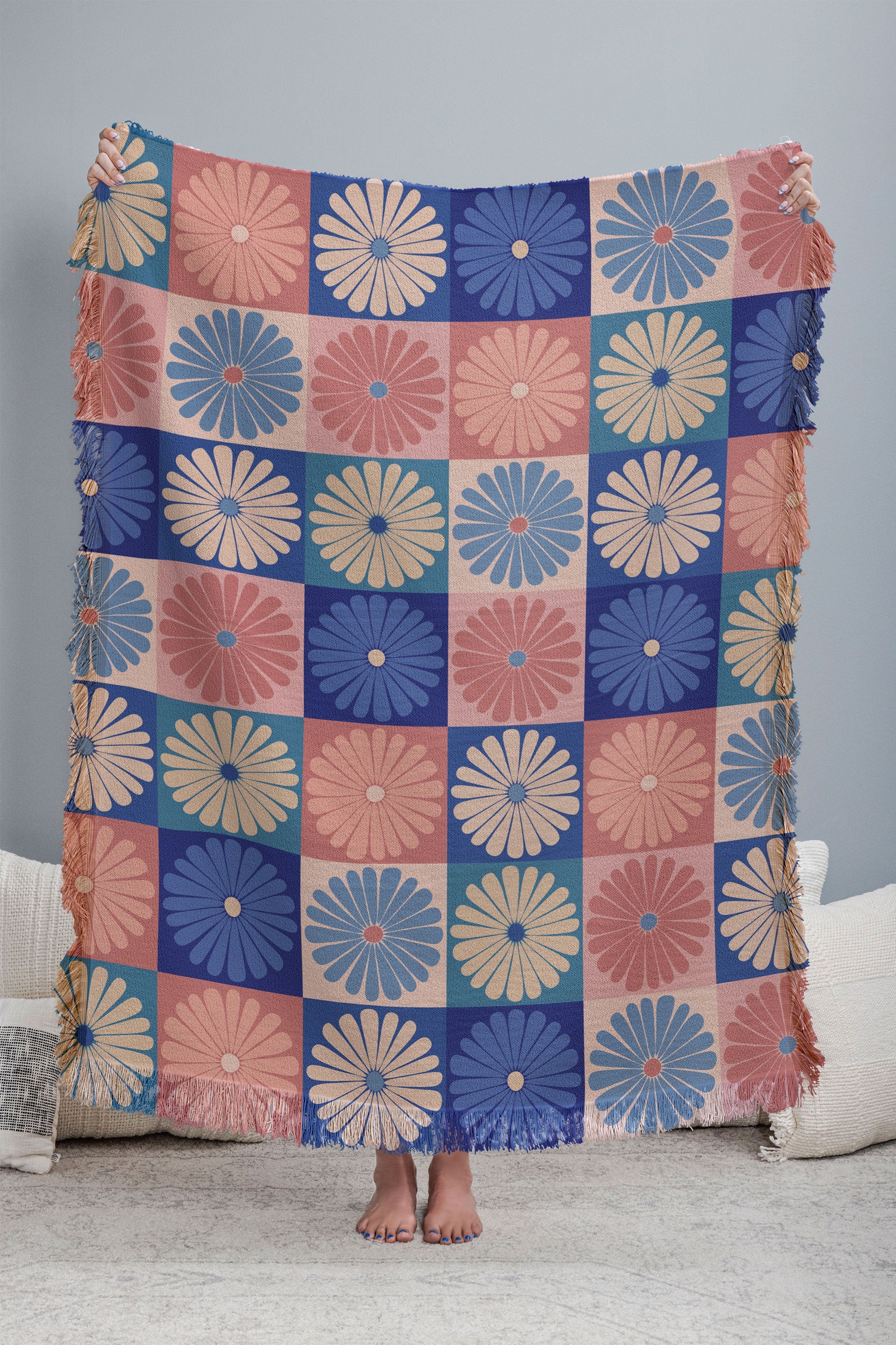 Colour Poems Checker Daisies II Blue Pink Throw Blanket