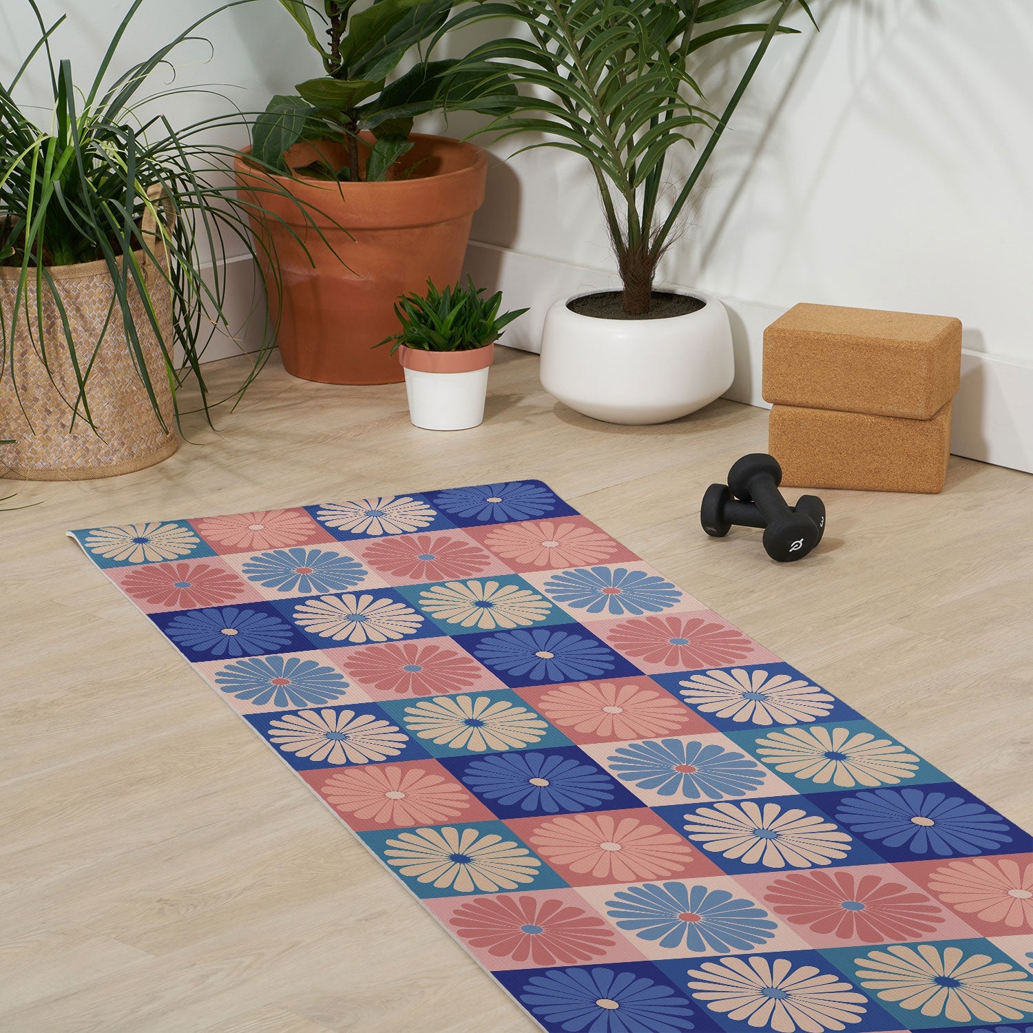 Colour Poems Checker Daisies II Blue Pink Yoga Mat