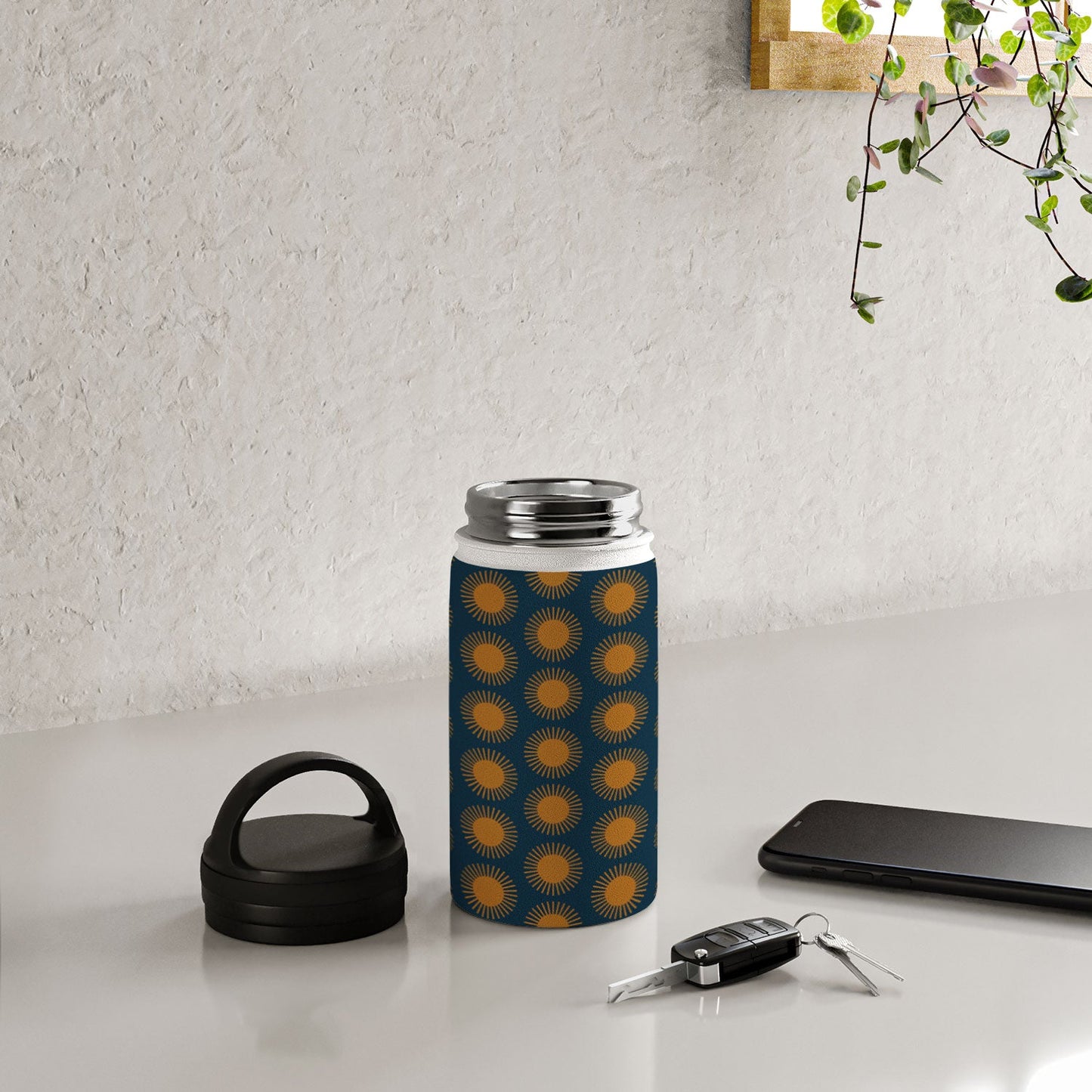 Colour Poems Cheerful Sun Pattern Navy Blue Water Bottle