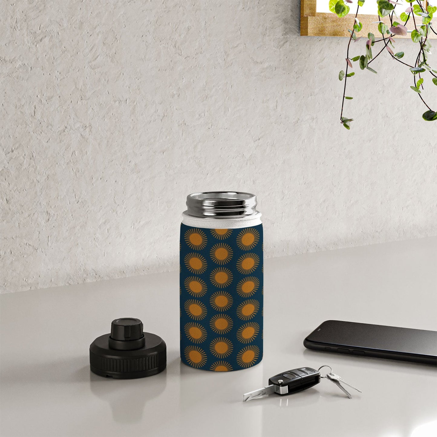 Colour Poems Cheerful Sun Pattern Navy Blue Water Bottle