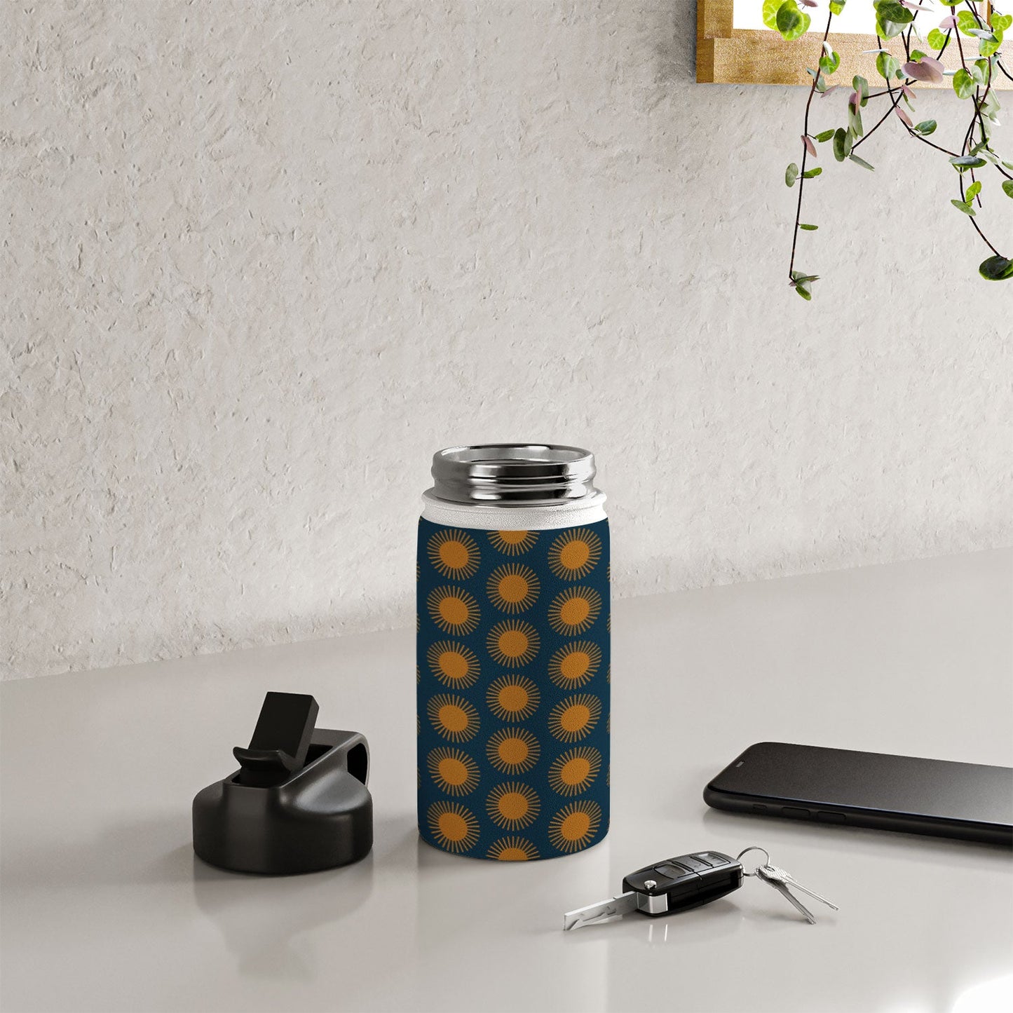 Colour Poems Cheerful Sun Pattern Navy Blue Water Bottle