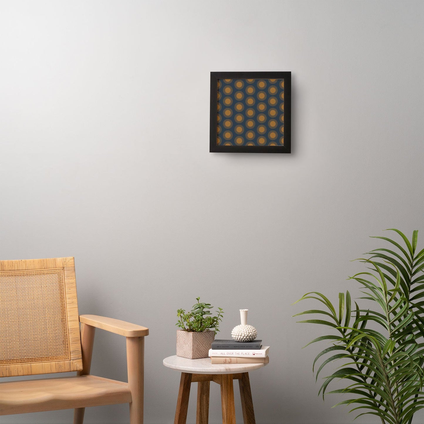 Colour Poems Cheerful Sun Pattern Navy Blue Framed Wall Art