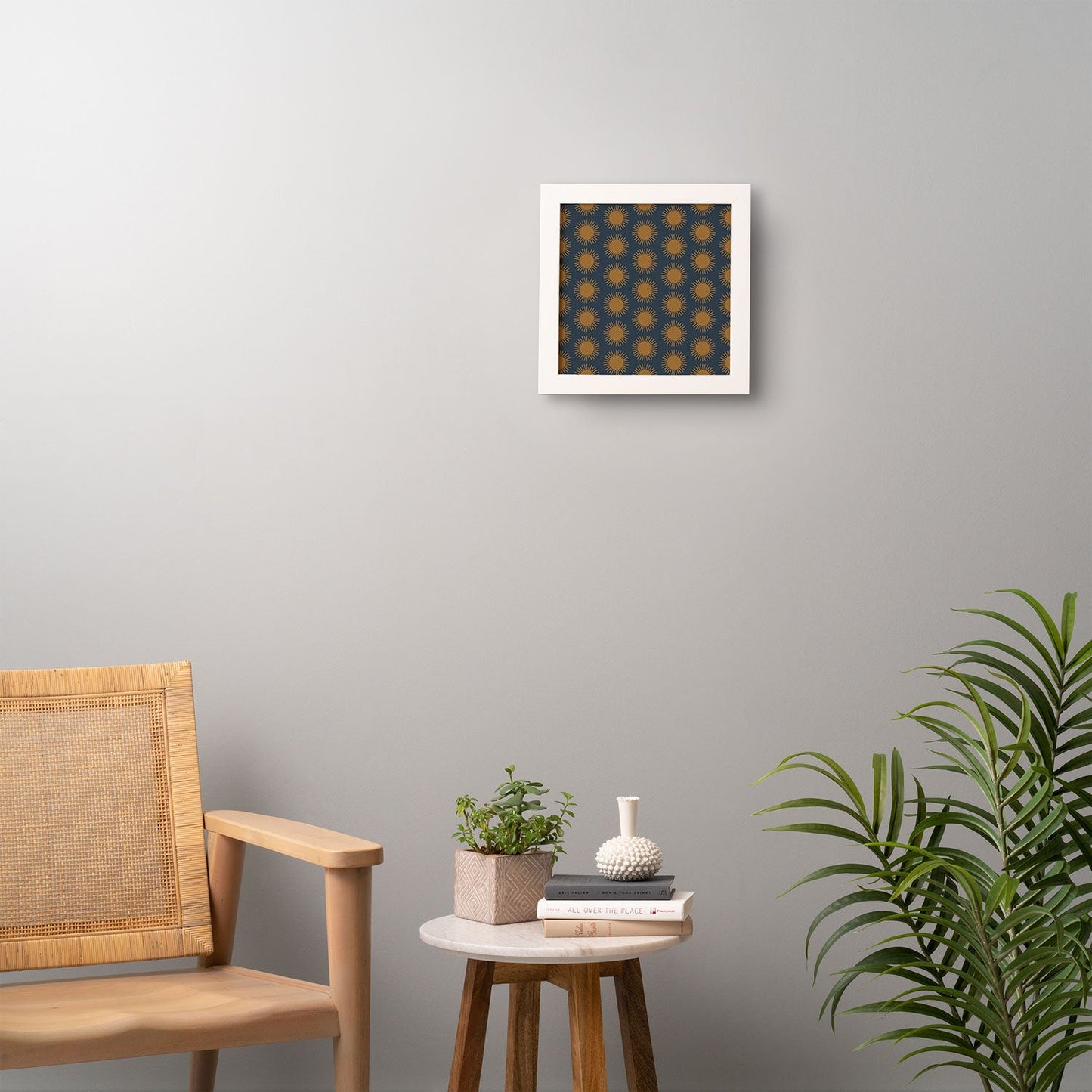 Colour Poems Cheerful Sun Pattern Navy Blue Framed Wall Art