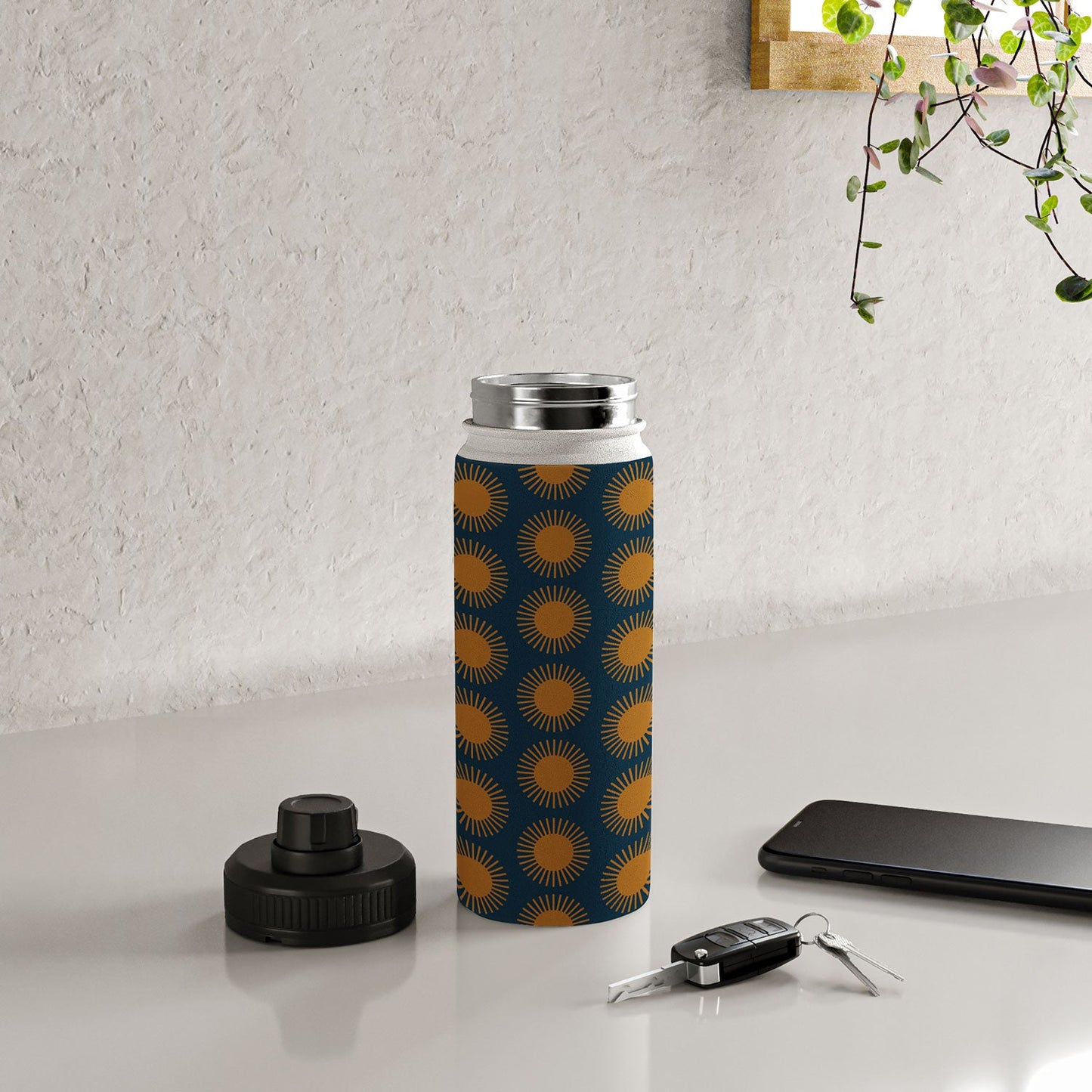 Colour Poems Cheerful Sun Pattern Navy Blue Water Bottle