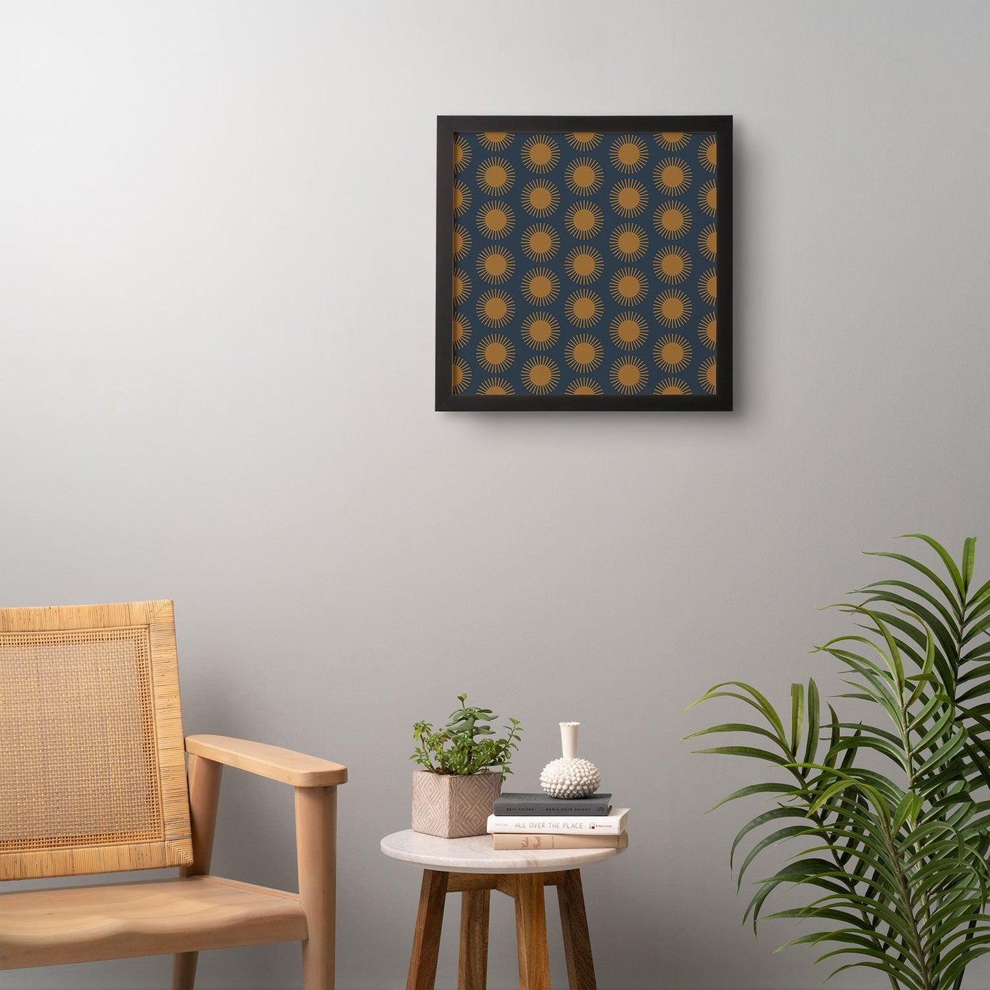 Colour Poems Cheerful Sun Pattern Navy Blue Framed Wall Art