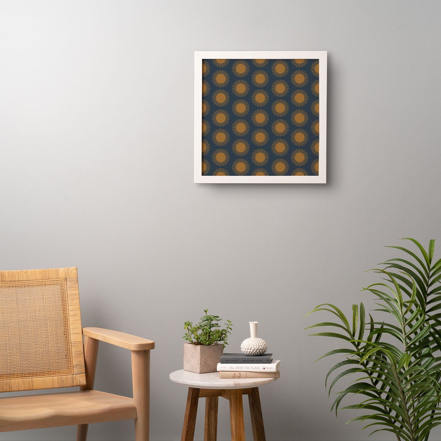 Colour Poems Cheerful Sun Pattern Navy Blue Framed Wall Art