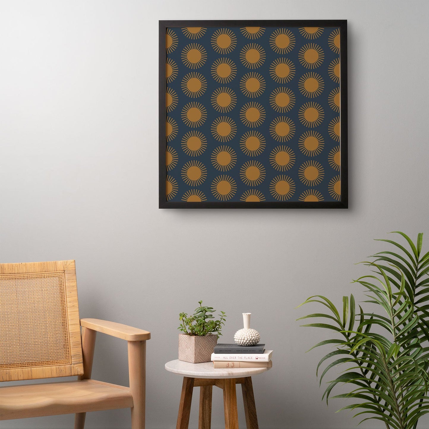 Colour Poems Cheerful Sun Pattern Navy Blue Framed Wall Art