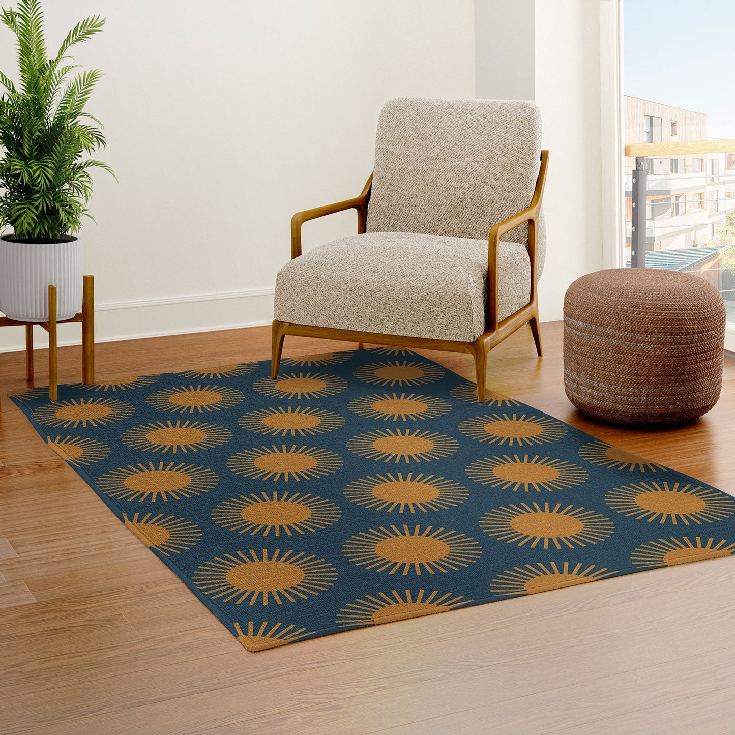 Colour Poems Cheerful Sun Pattern Navy Blue Area Rug