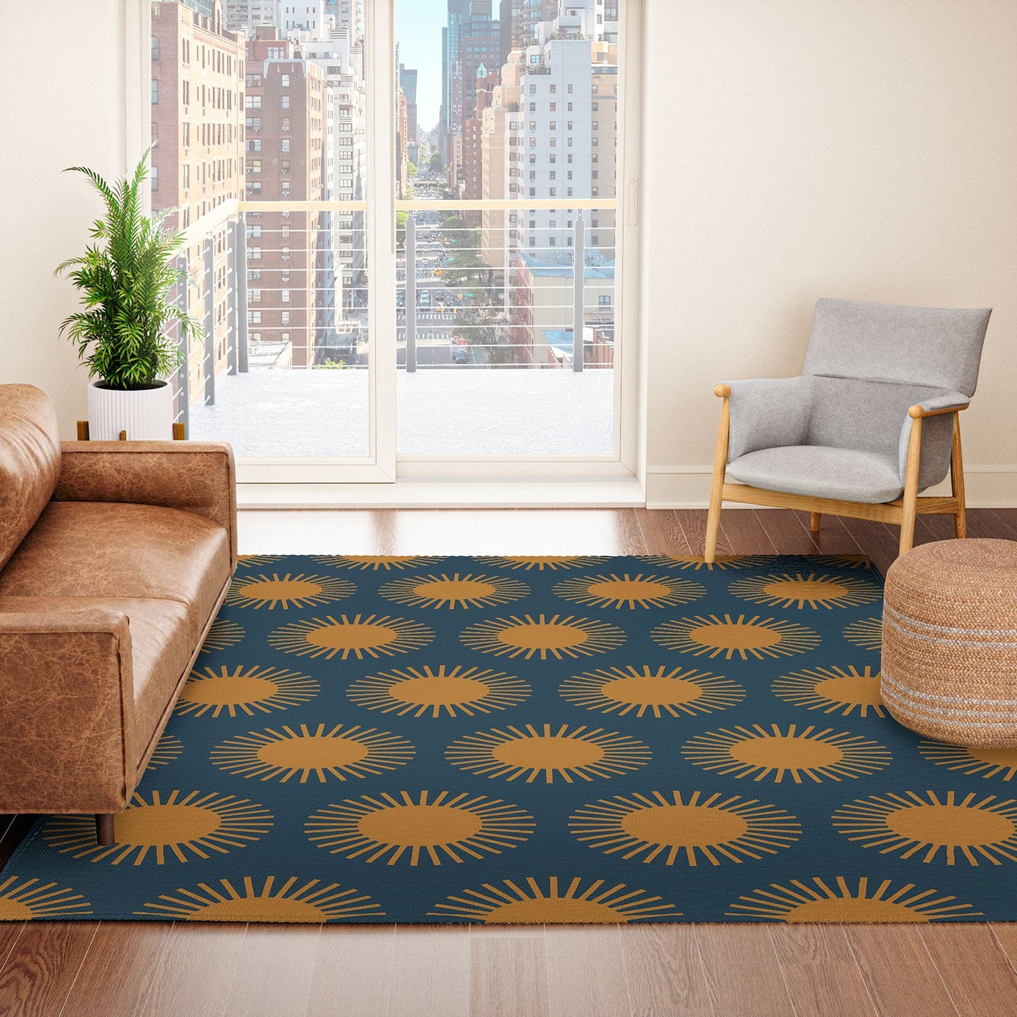 Colour Poems Cheerful Sun Pattern Navy Blue Area Rug
