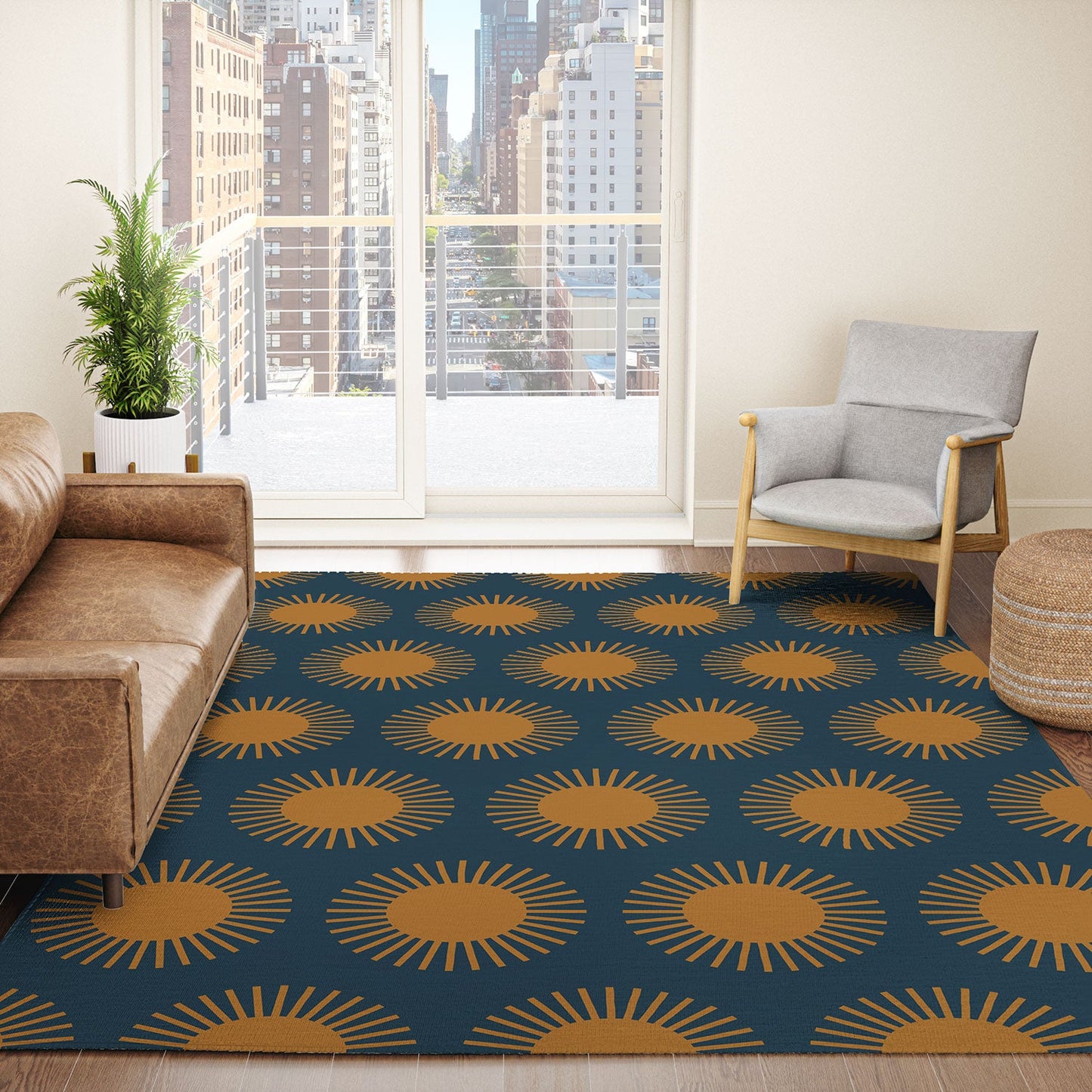 Colour Poems Cheerful Sun Pattern Navy Blue Area Rug