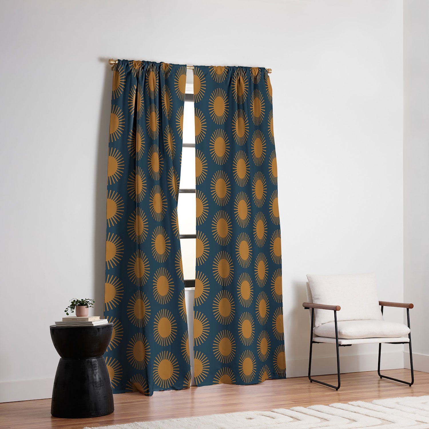Colour Poems Cheerful Sun Pattern Navy Blue Blackout Window Curtain
